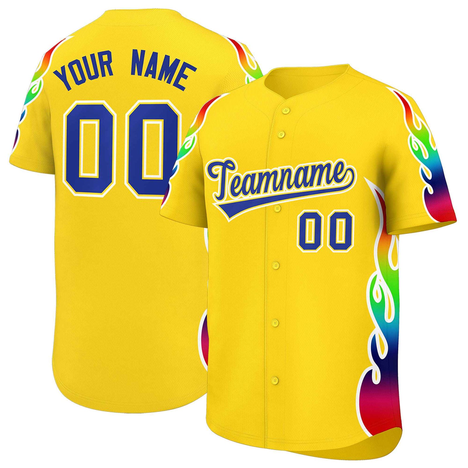 Custom Gold Graffiti Pattern Personalized Multicolored Flames Print Authentic Baseball Jersey