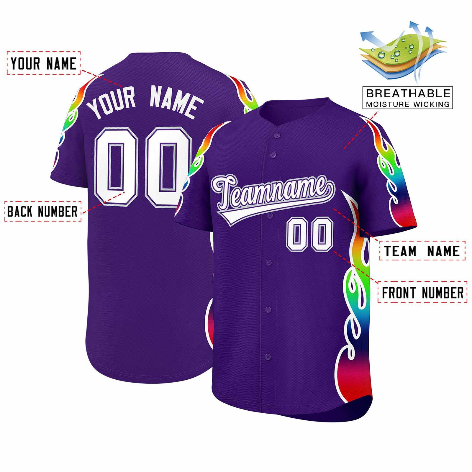 Custom Purple Graffiti Pattern Personalized Multicolored Flames Print Authentic Baseball Jersey