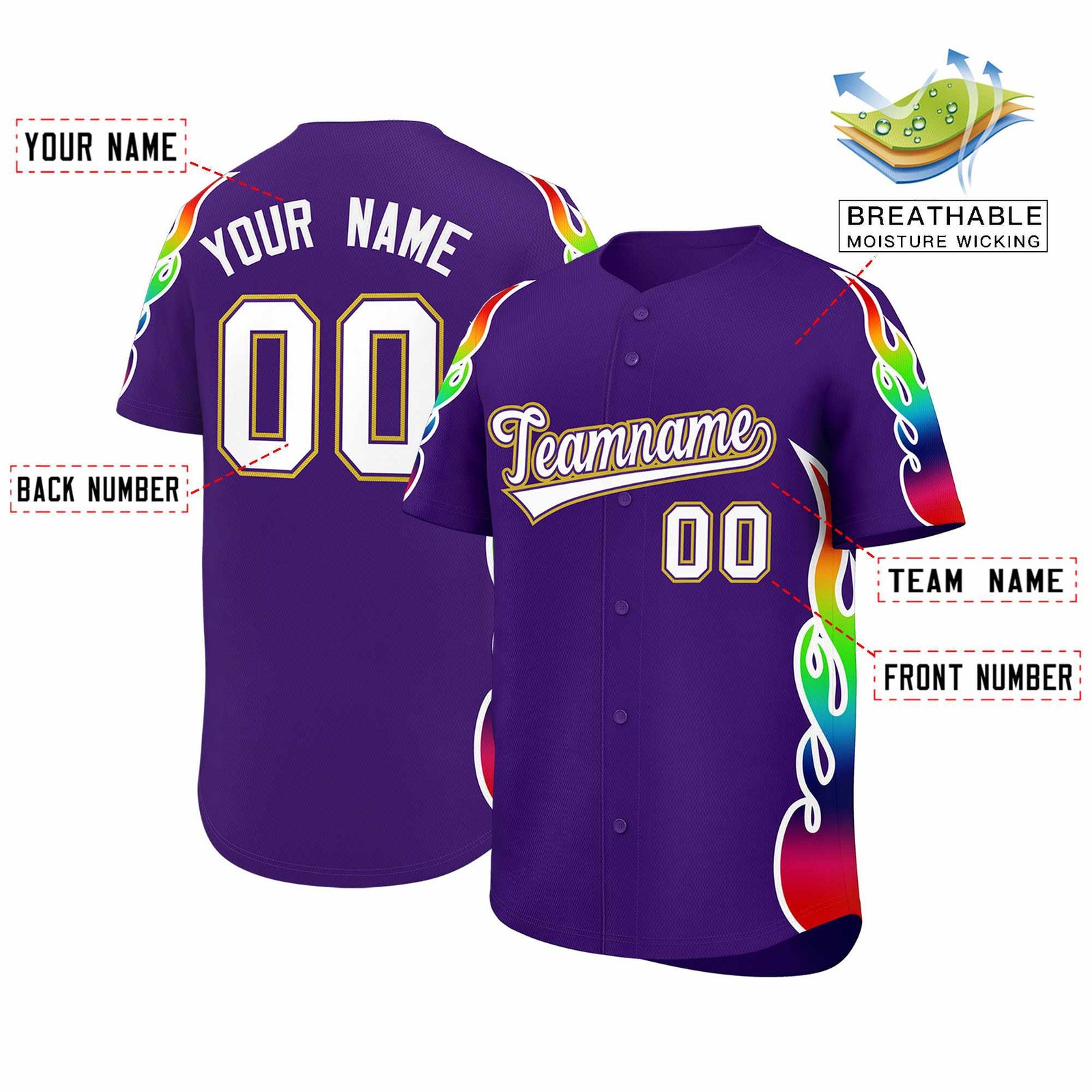 Custom Purple Graffiti Pattern Personalized Multicolored Flames Print Authentic Baseball Jersey