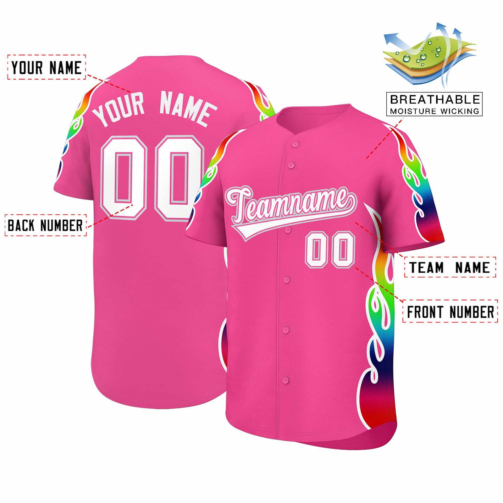 Custom Pink Graffiti Pattern Personalized Multicolored Flames Print Authentic Baseball Jersey