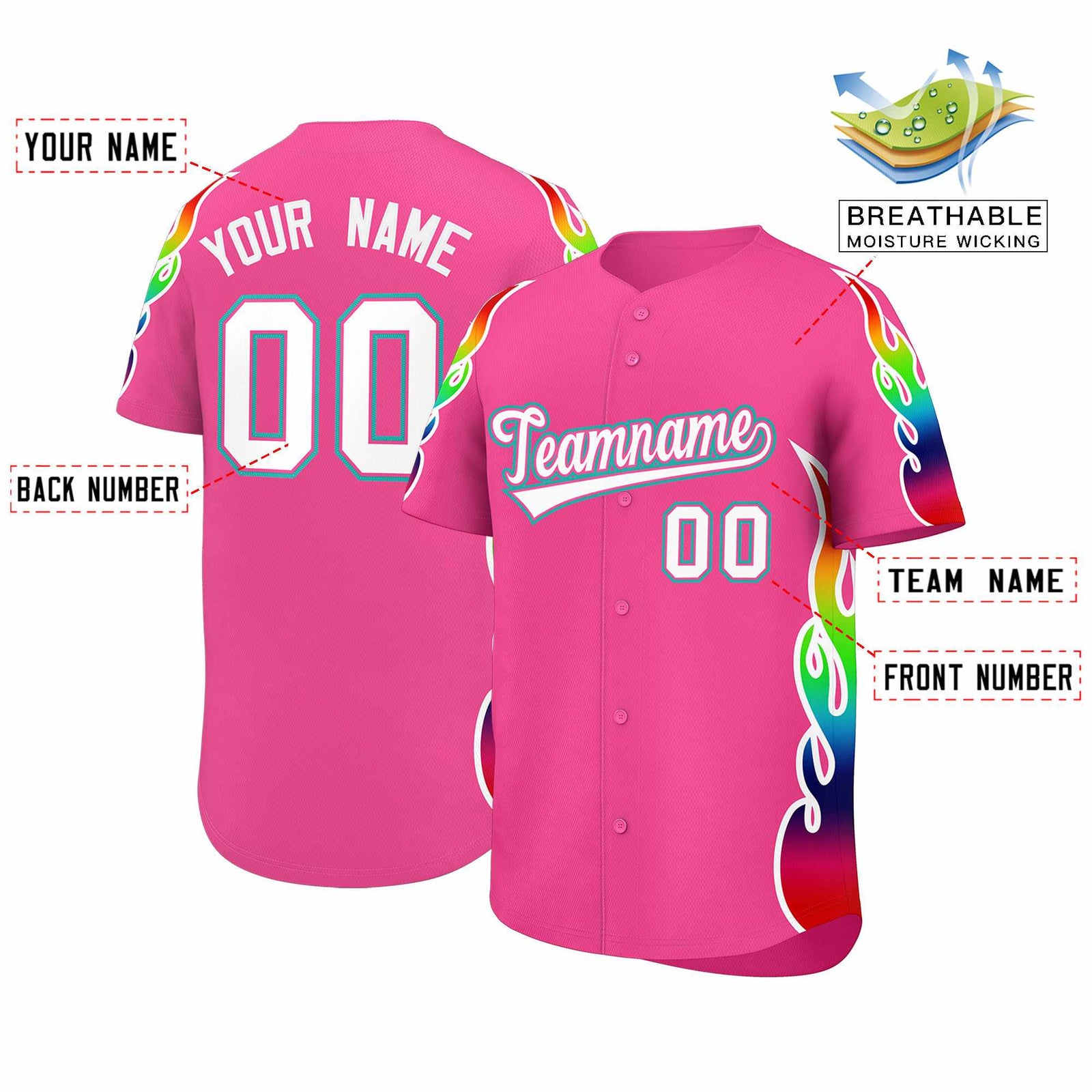 Custom Pink Graffiti Pattern Personalized Multicolored Flames Print Authentic Baseball Jersey