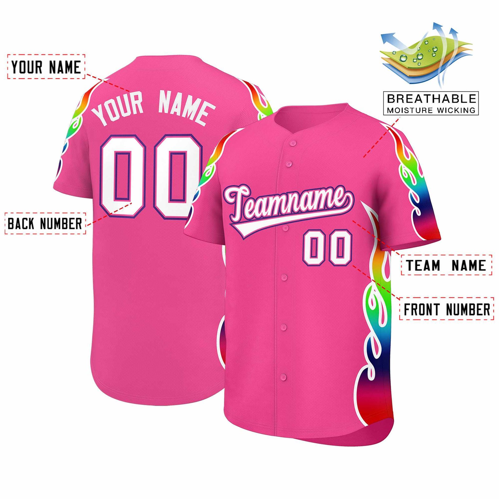 Custom Pink Graffiti Pattern Personalized Multicolored Flames Print Authentic Baseball Jersey