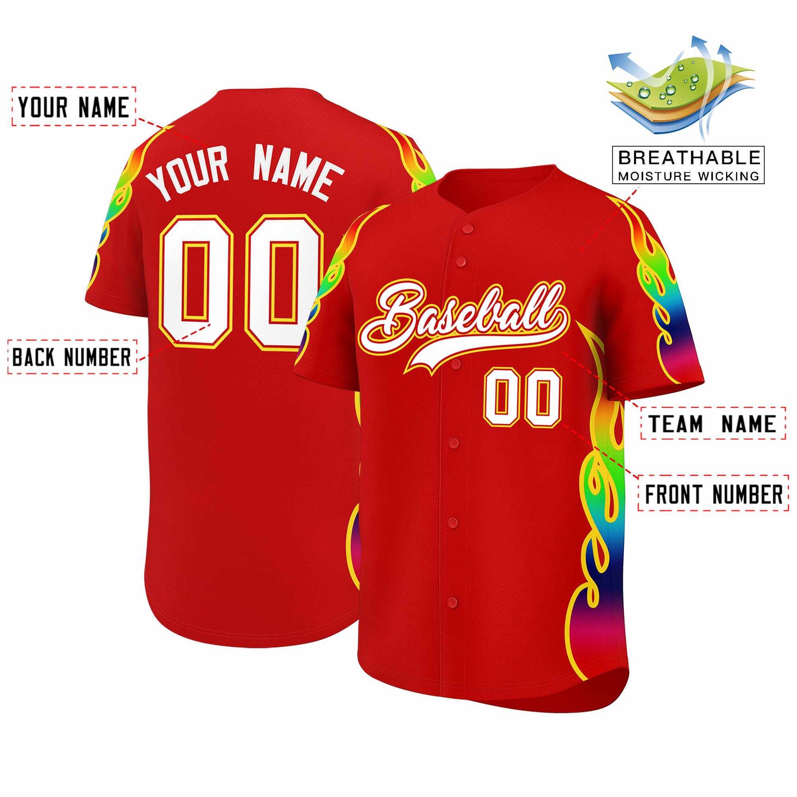Custom Red Graffiti Pattern Personalized Multicolored Flames Print Authentic Baseball Jersey