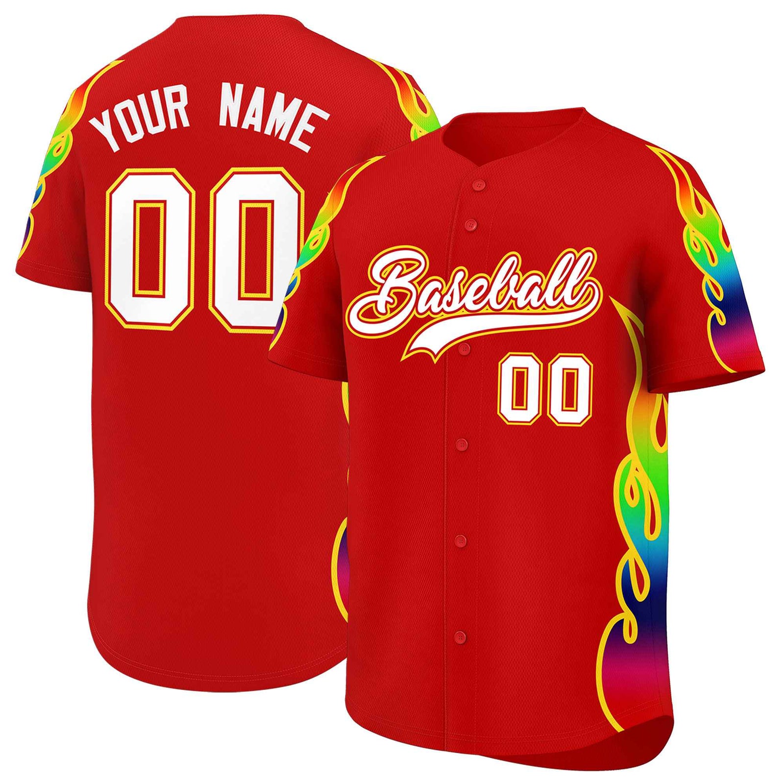 Custom Red Graffiti Pattern Personalized Multicolored Flames Print Authentic Baseball Jersey