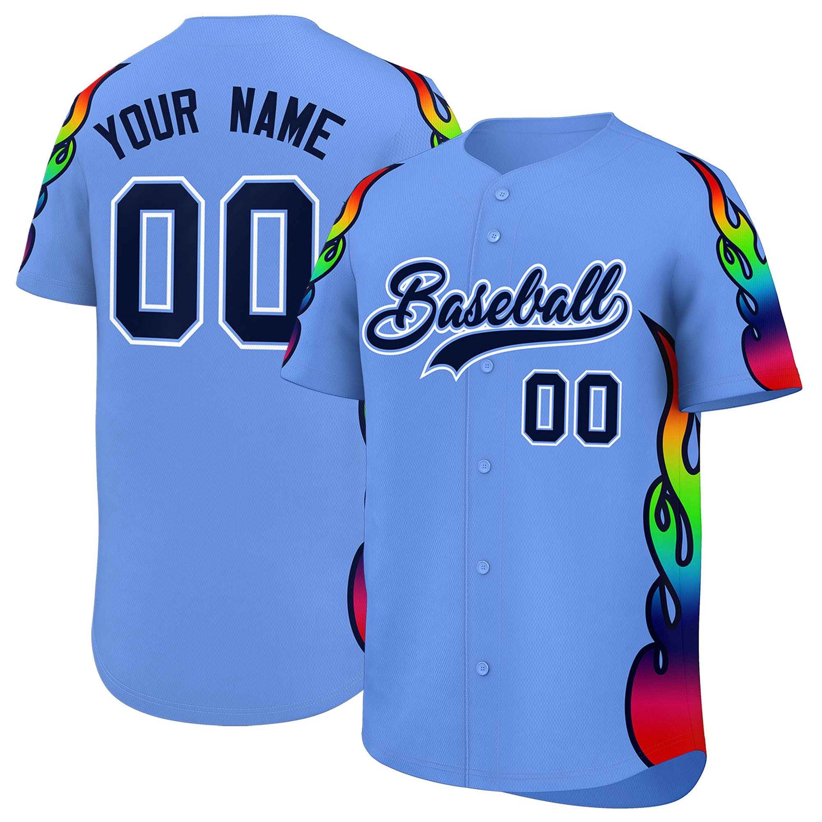 Custom Light Blue Graffiti Pattern Personalized Multicolored Flames Print Authentic Baseball Jersey