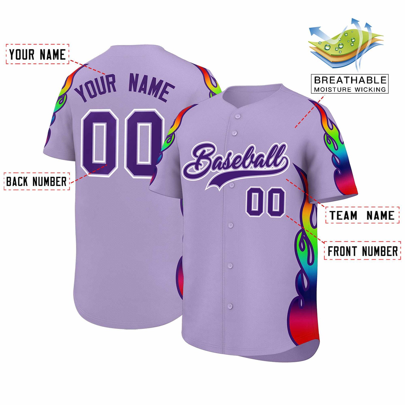 Custom Light Purple Graffiti Pattern Personalized Multicolored Flames Print Authentic Baseball Jersey