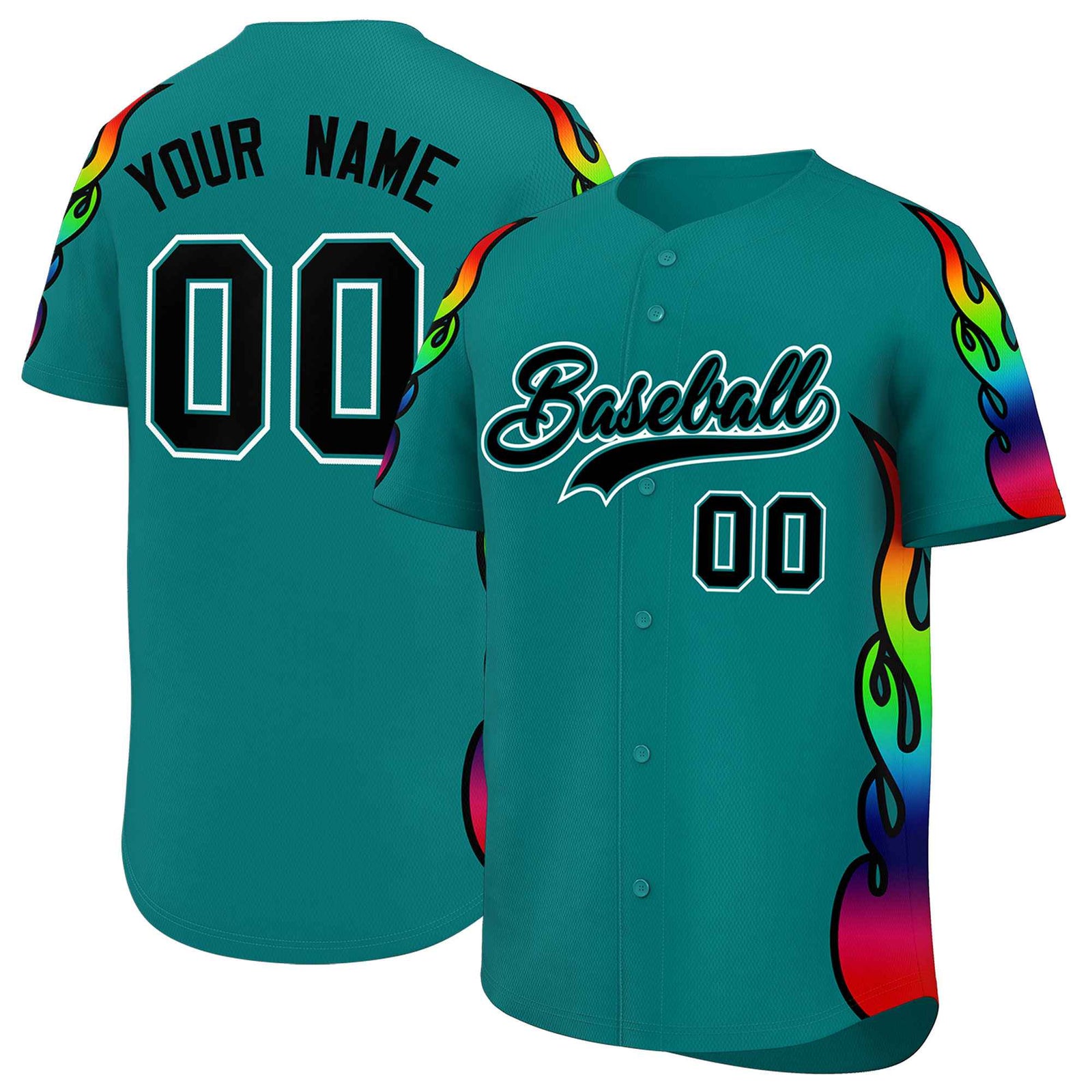 Custom Aqua Graffiti Pattern Personalized Multicolored Flames Print Authentic Baseball Jersey