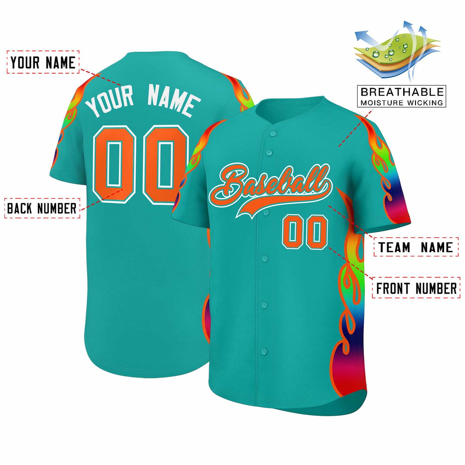 Custom Aqua Graffiti Pattern Personalized Multicolored Flames Print Authentic Baseball Jersey