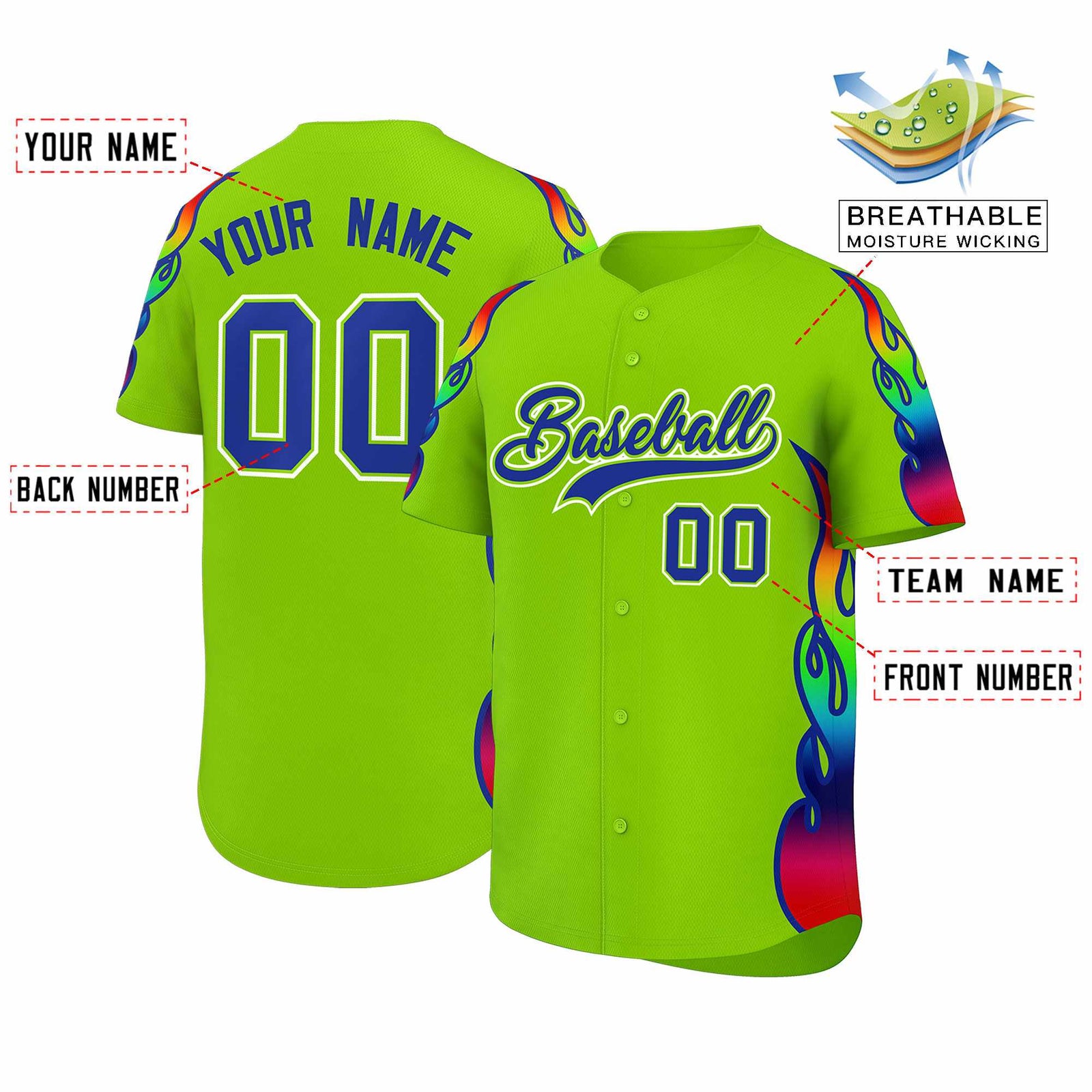 Custom Neon Green Graffiti Pattern Personalized Multicolored Flames Print Authentic Baseball Jersey