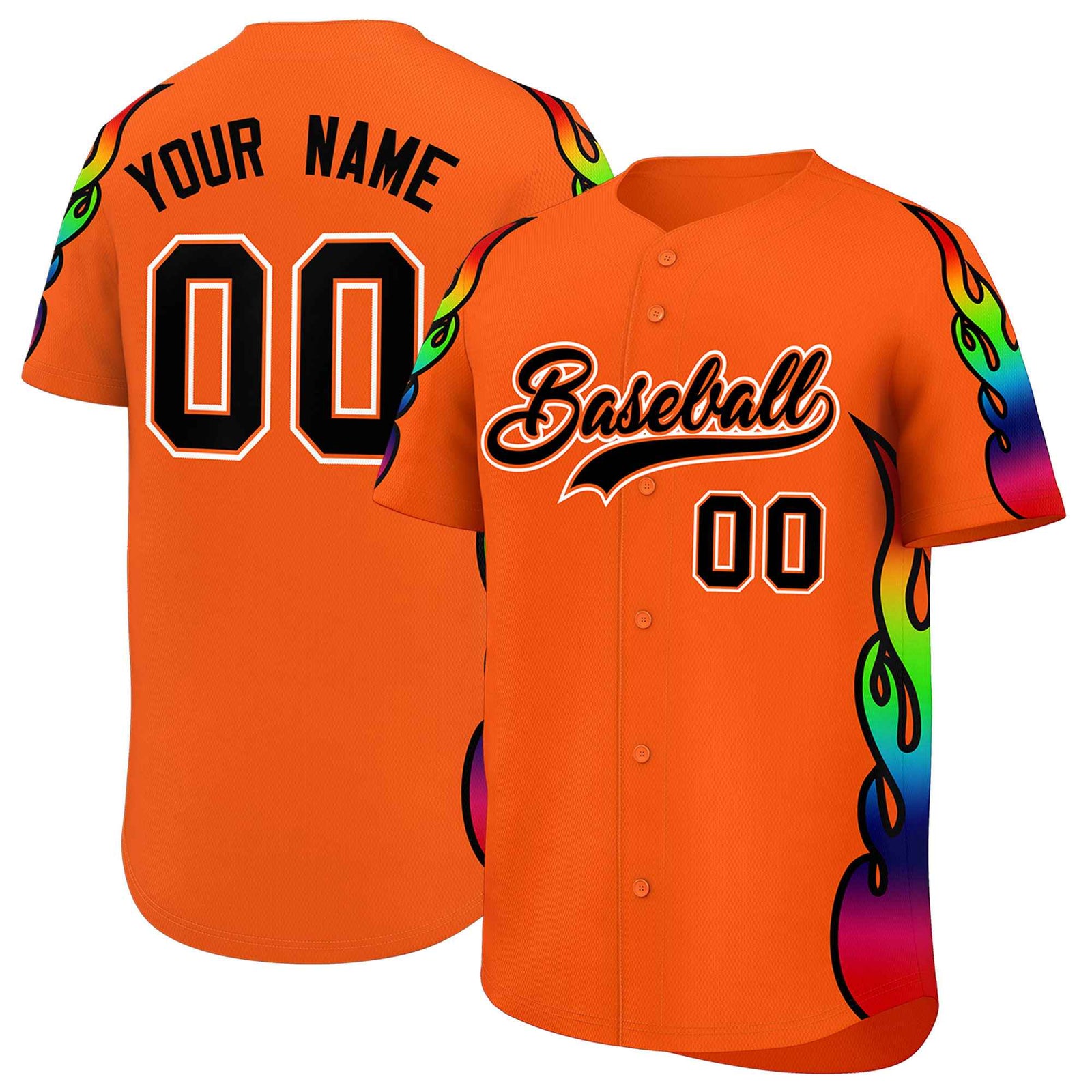 Custom Orange Graffiti Pattern Personalized Multicolored Flames Print Authentic Baseball Jersey