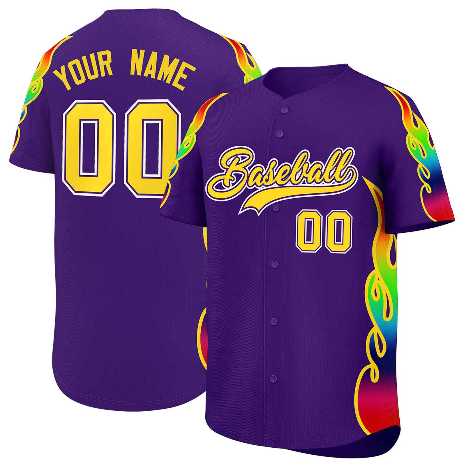 Custom Purple Graffiti Pattern Personalized Multicolored Flames Print Authentic Baseball Jersey