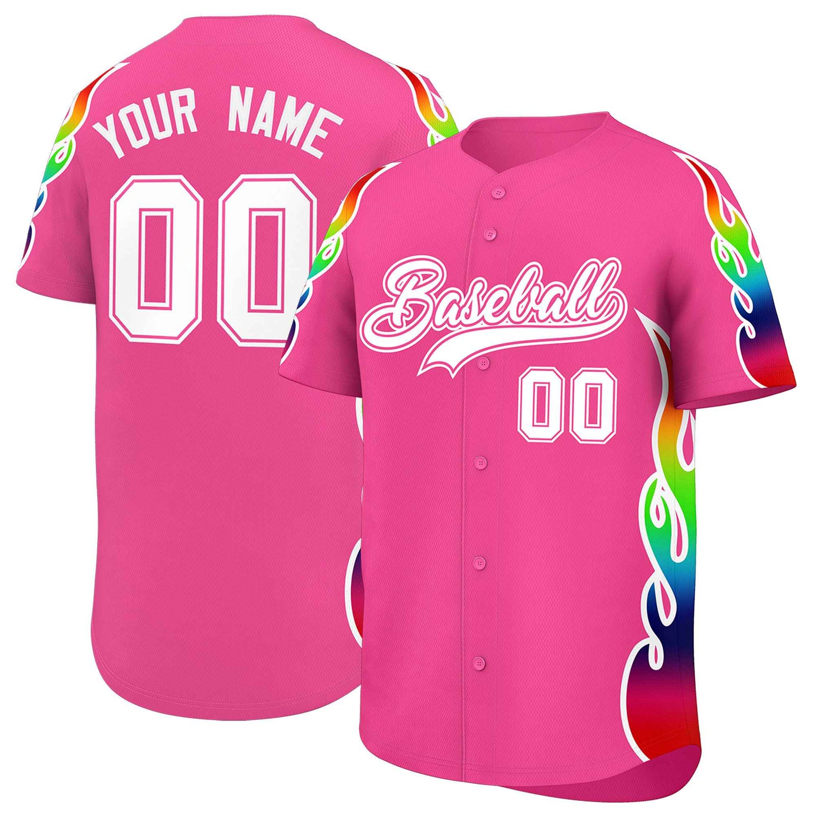Custom Pink Graffiti Pattern Personalized Multicolored Flames Print Authentic Baseball Jersey