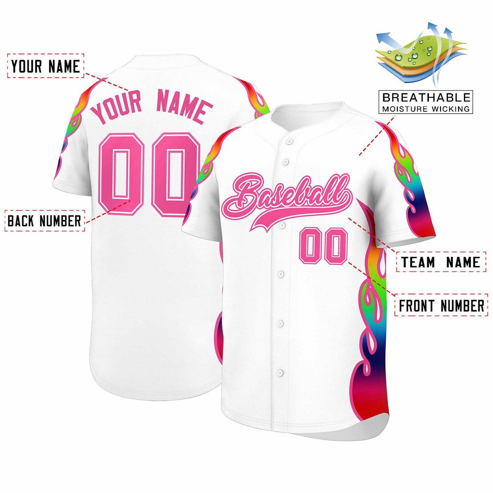 Custom White Graffiti Pattern Personalized Multicolored Flames Print Authentic Baseball Jersey