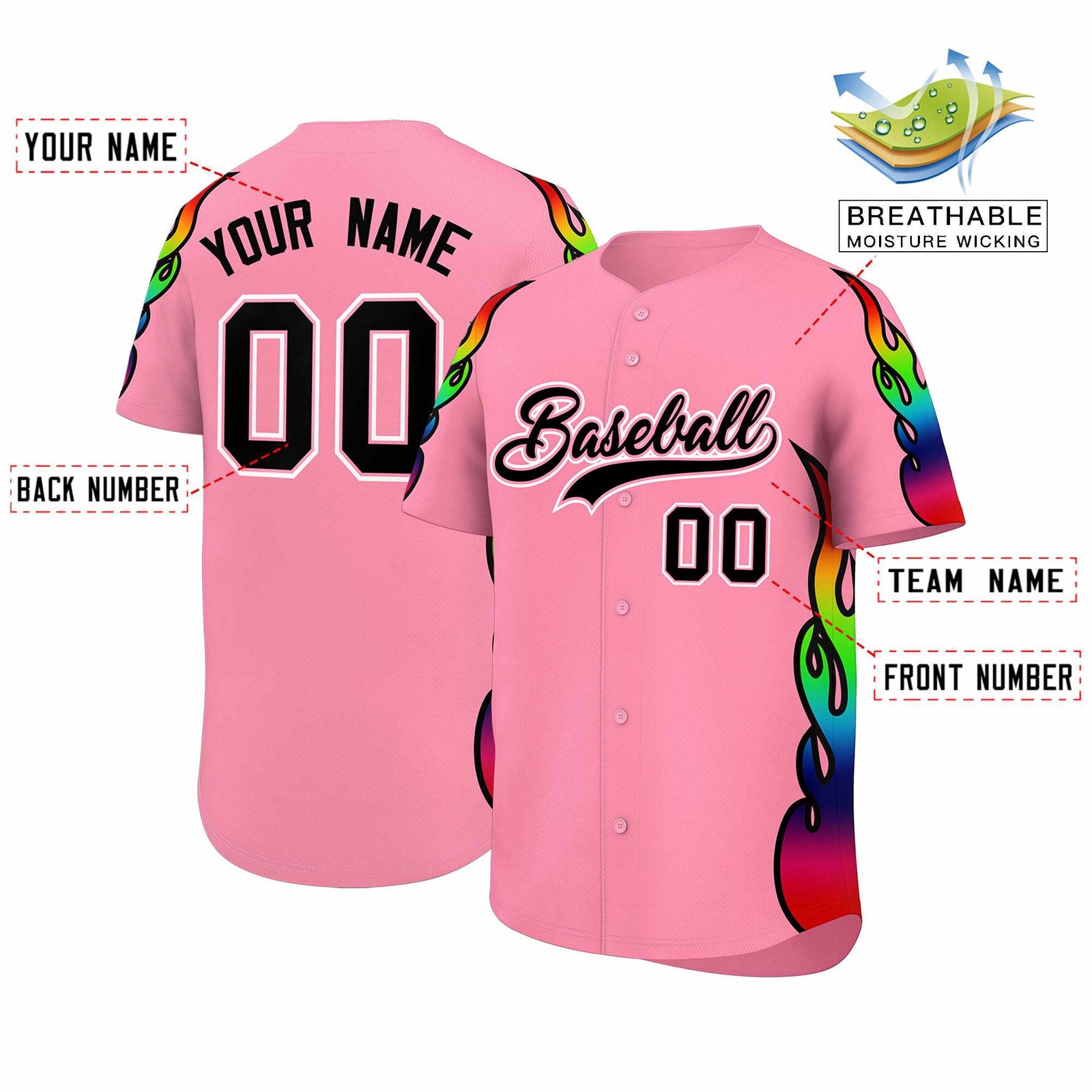 Custom Light Pink Graffiti Pattern Personalized Multicolored Flames Print Authentic Baseball Jersey