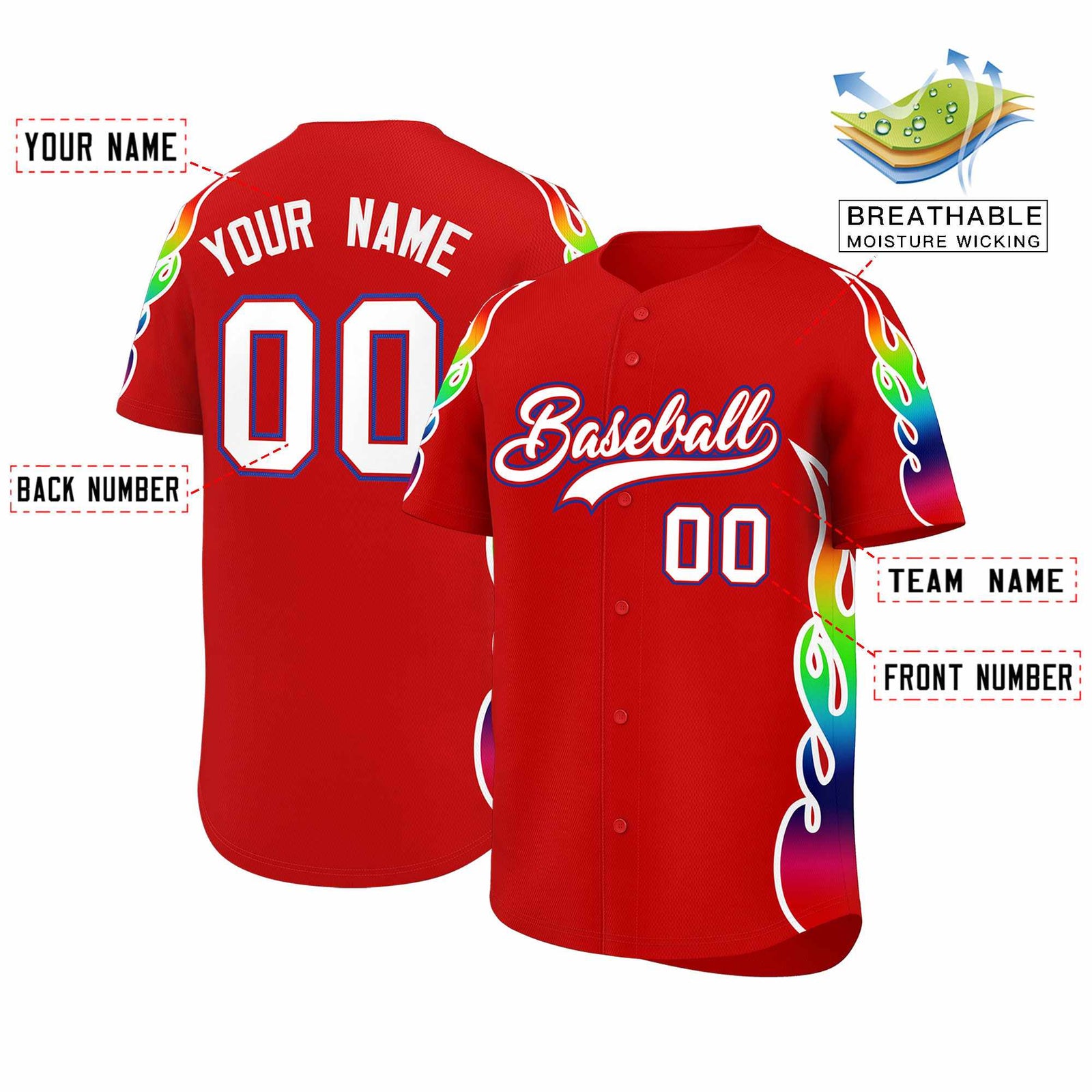 Custom Red Graffiti Pattern Personalized Multicolored Flames Print Authentic Baseball Jersey