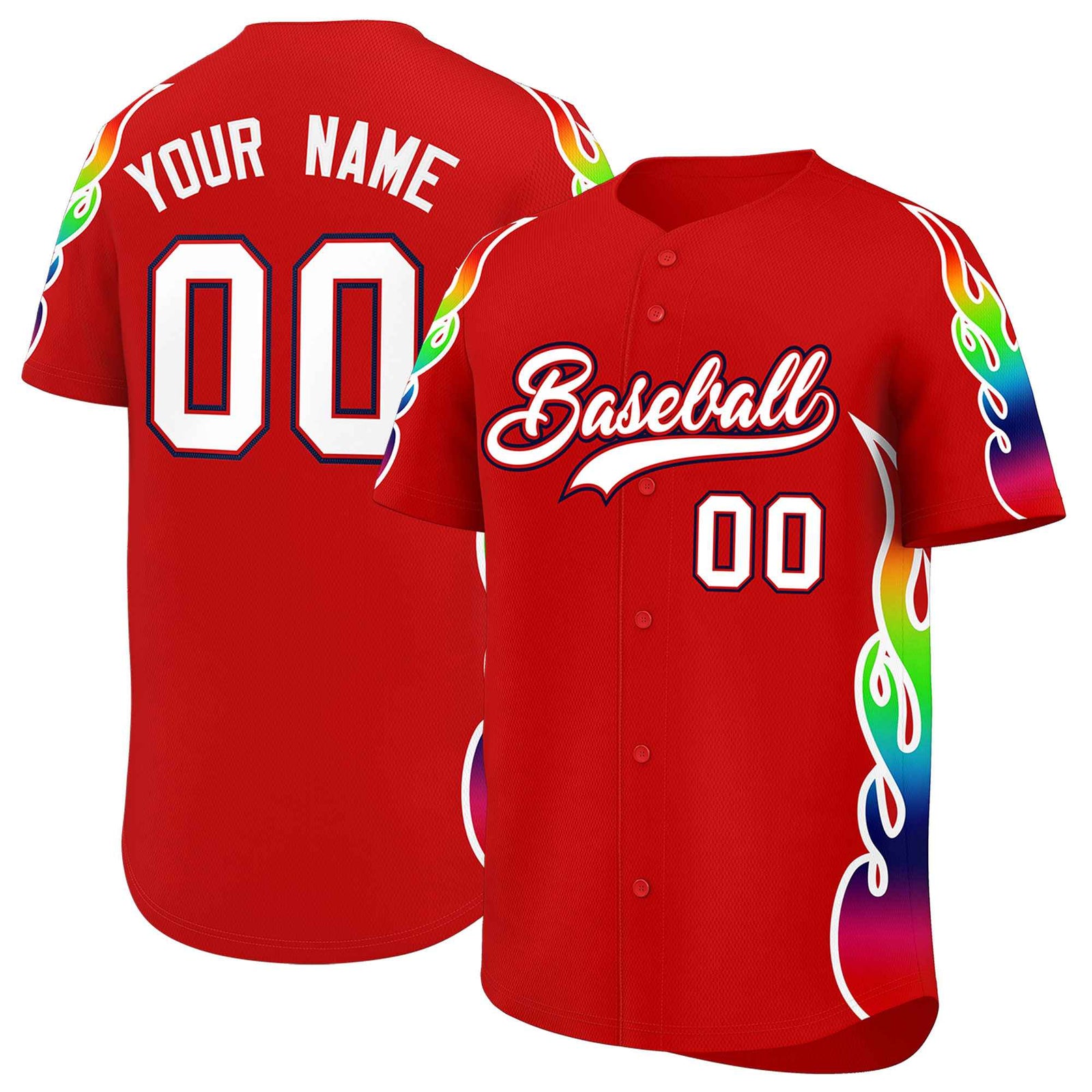 Custom Red Graffiti Pattern Personalized Multicolored Flames Print Authentic Baseball Jersey