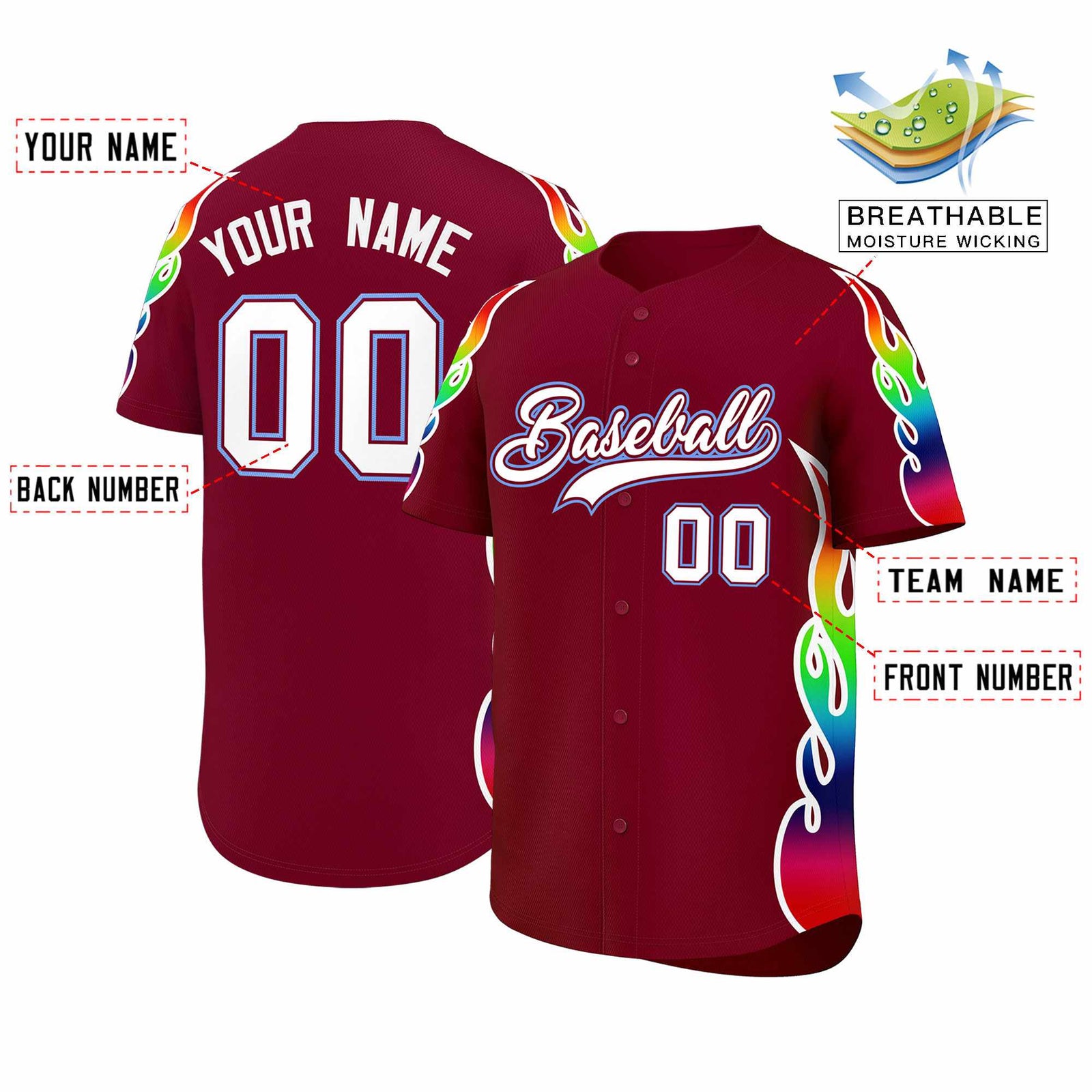 Custom Crimson Graffiti Pattern Personalized Multicolored Flames Print Authentic Baseball Jersey
