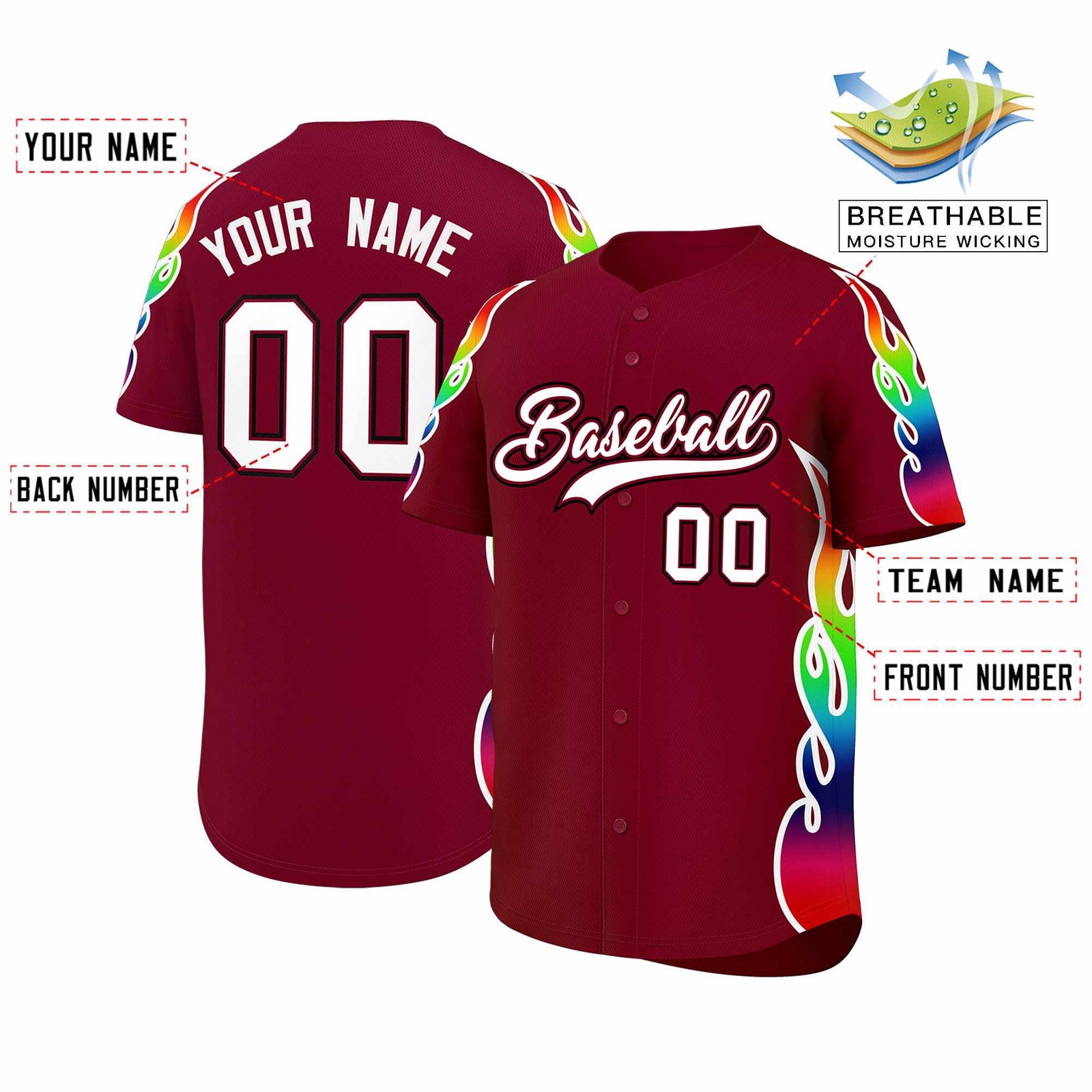 Custom Crimson Graffiti Pattern Personalized Multicolored Flames Print Authentic Baseball Jersey