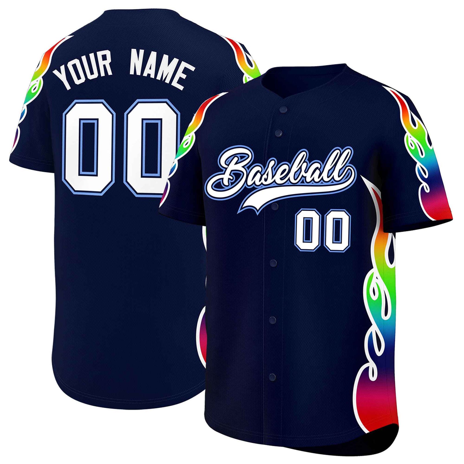 Custom Navy Graffiti Pattern Personalized Multicolored Flames Print Authentic Baseball Jersey