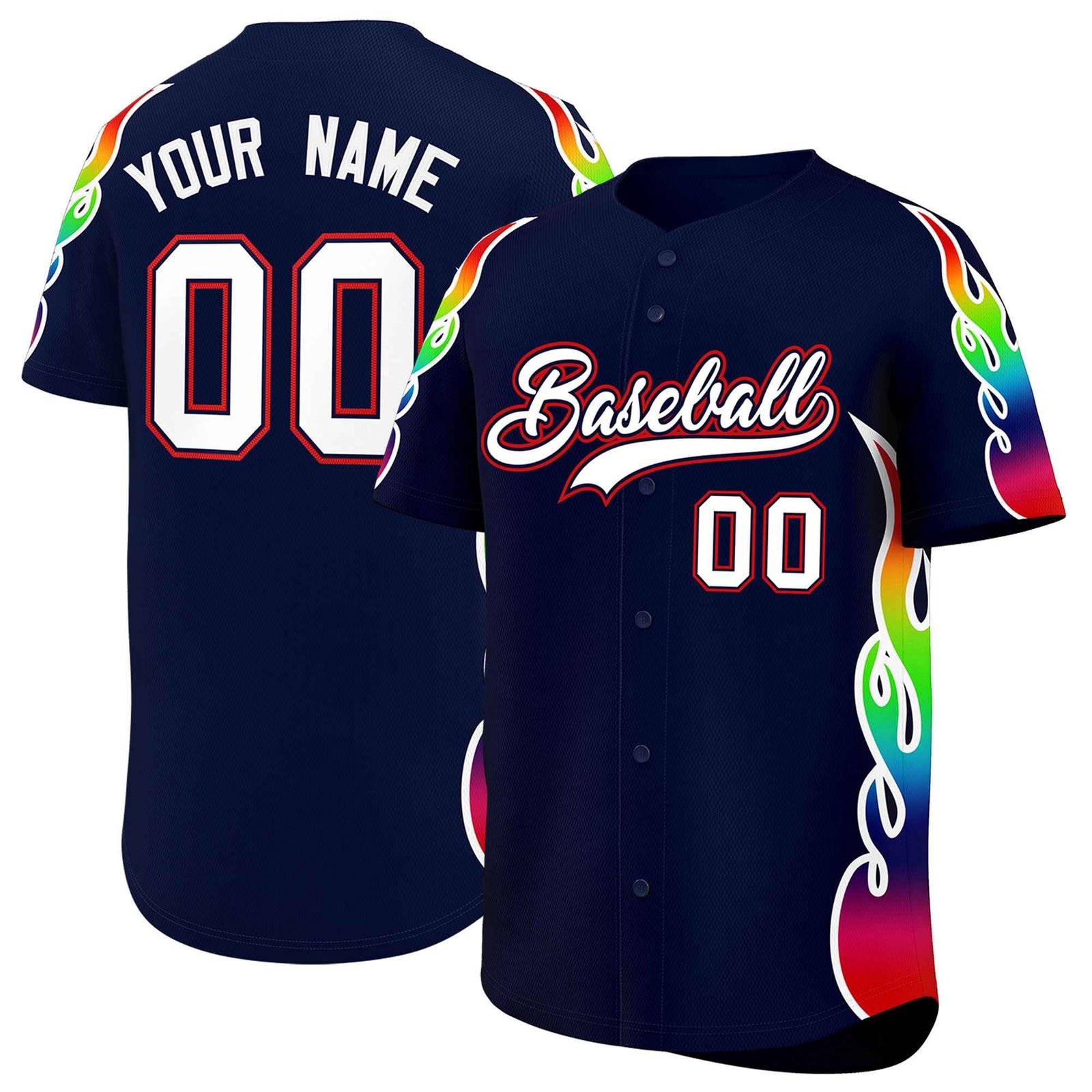Custom Navy Graffiti Pattern Personalized Multicolored Flames Print Authentic Baseball Jersey