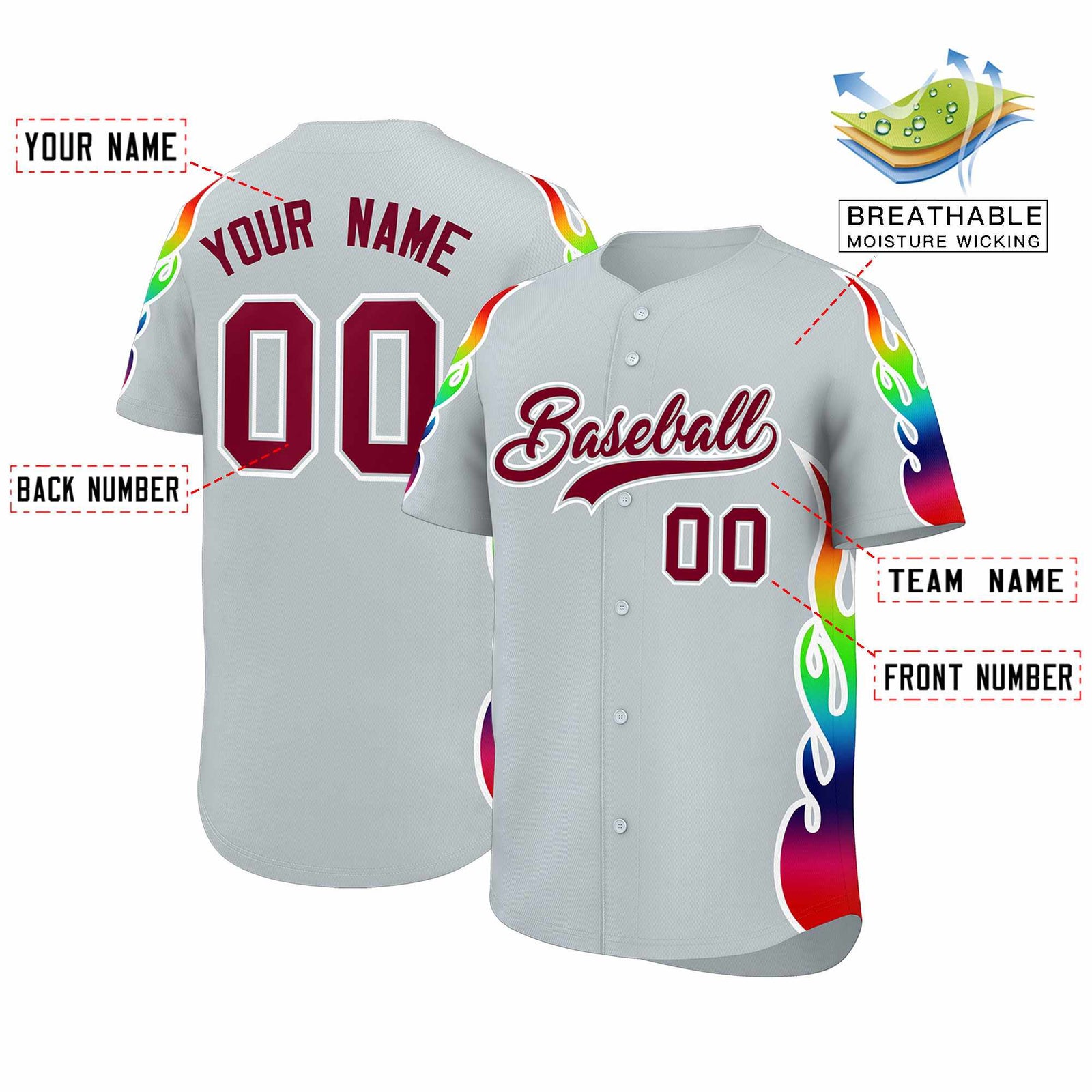 Custom Silver Graffiti Pattern Personalized Multicolored Flames Print Authentic Baseball Jersey