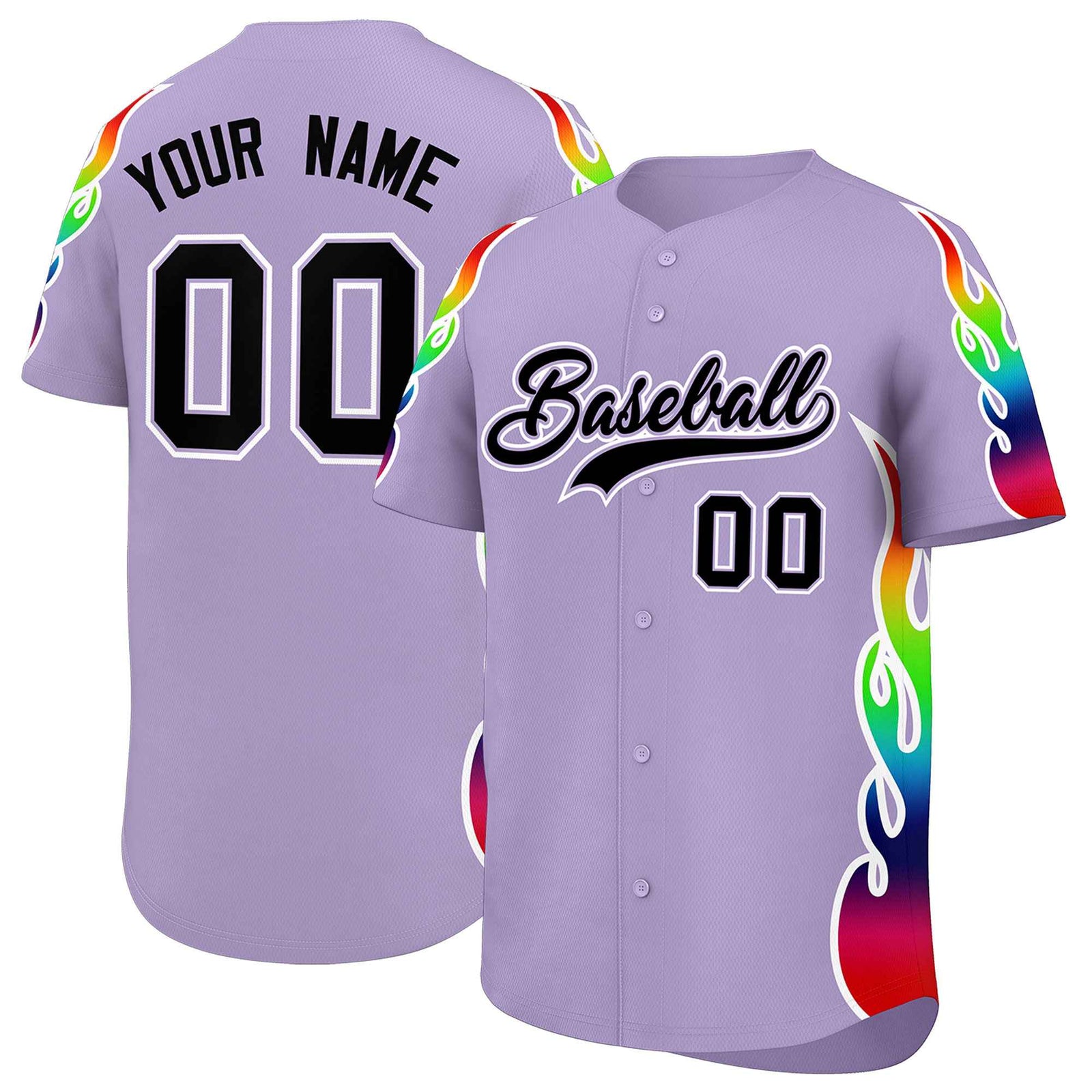 Custom Light Purple Graffiti Pattern Personalized Multicolored Flames Print Authentic Baseball Jersey