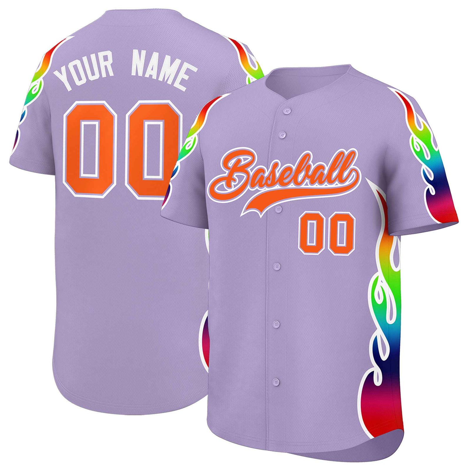 Custom Light Purple Graffiti Pattern Personalized Multicolored Flames Print Authentic Baseball Jersey