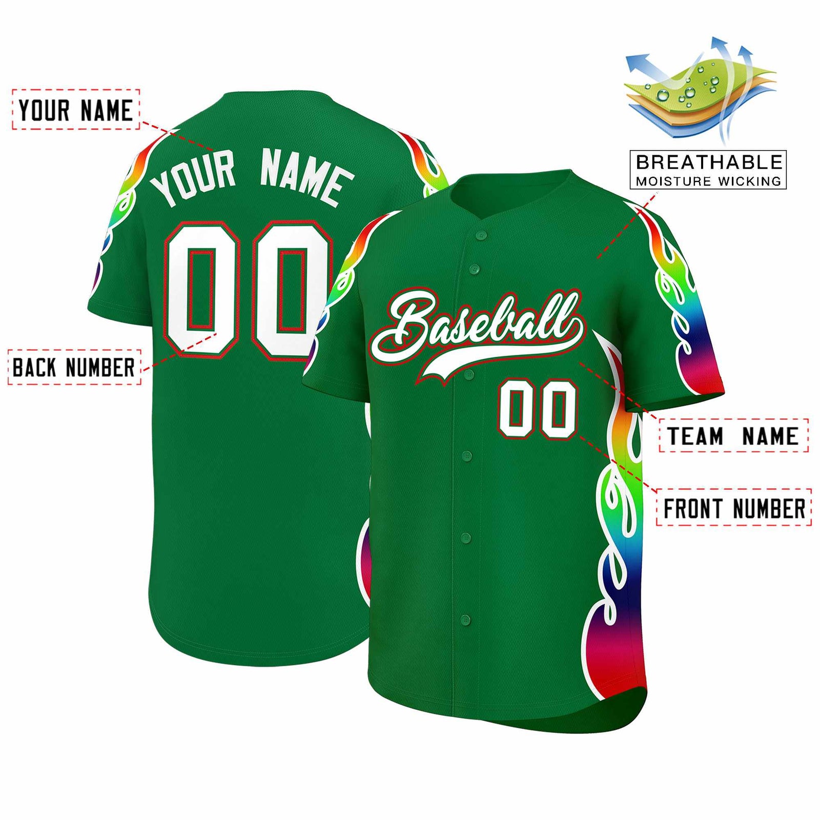 Custom Kelly Green Graffiti Pattern Personalized Multicolored Flames Print Authentic Baseball Jersey