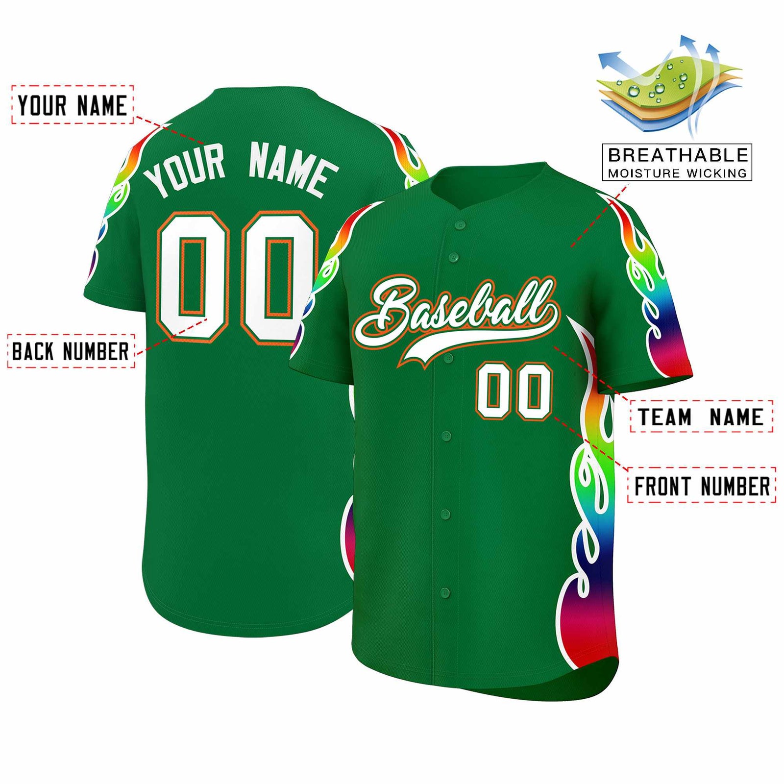 Custom Kelly Green Graffiti Pattern Personalized Multicolored Flames Print Authentic Baseball Jersey