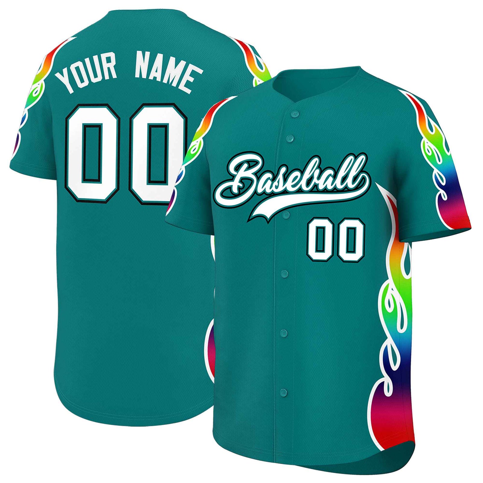 Custom Aqua Graffiti Pattern Personalized Multicolored Flames Print Authentic Baseball Jersey