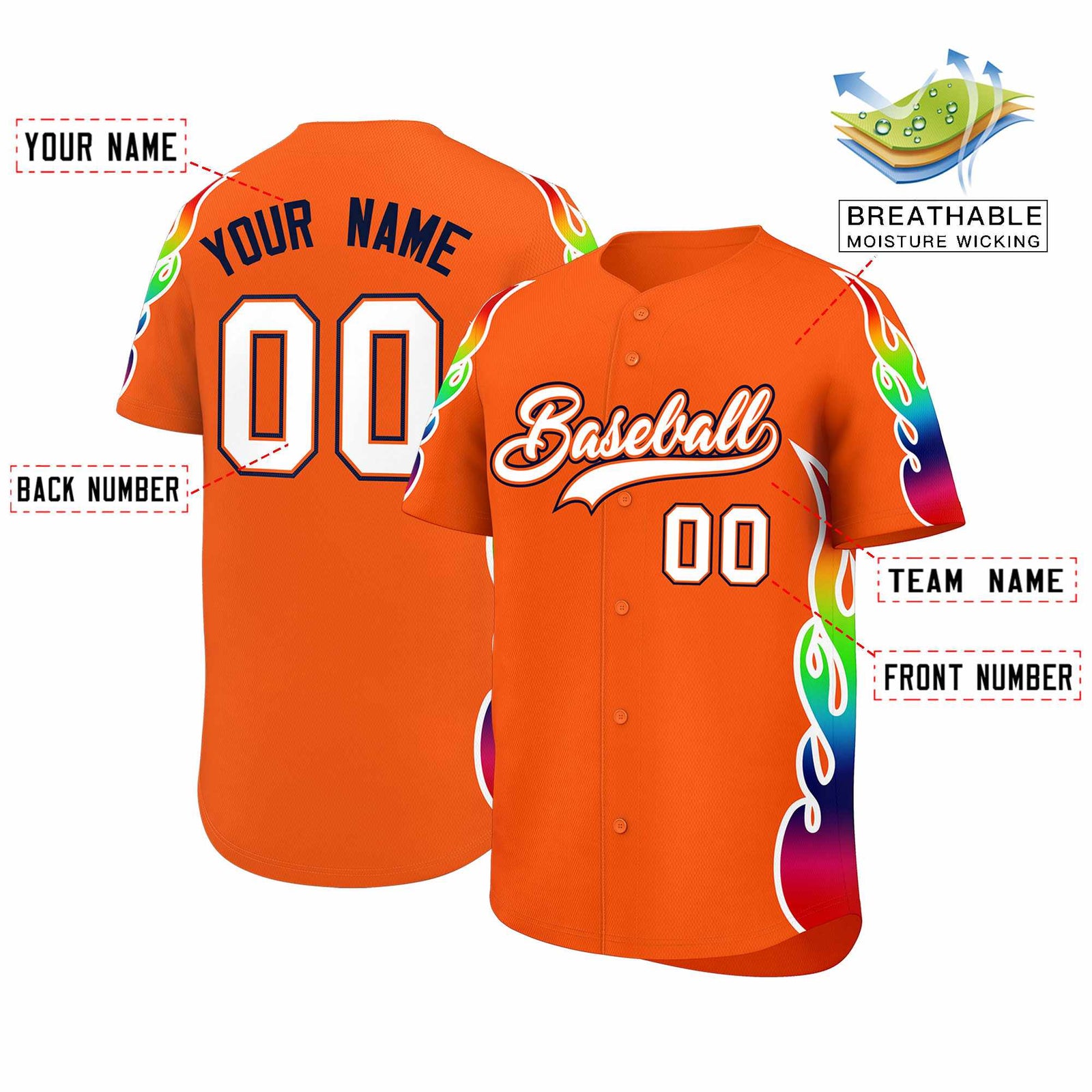 Custom Orange Graffiti Pattern Personalized Multicolored Flames Print Authentic Baseball Jersey