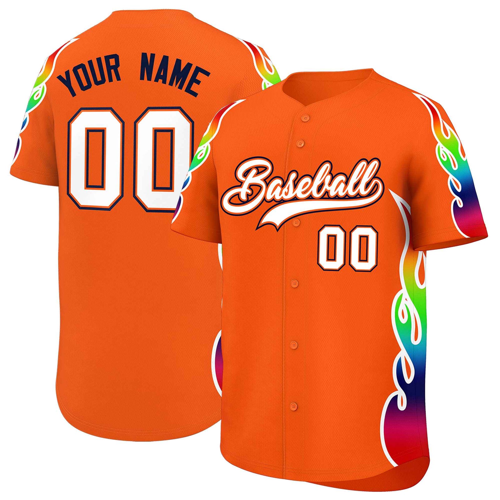 Custom Orange Graffiti Pattern Personalized Multicolored Flames Print Authentic Baseball Jersey