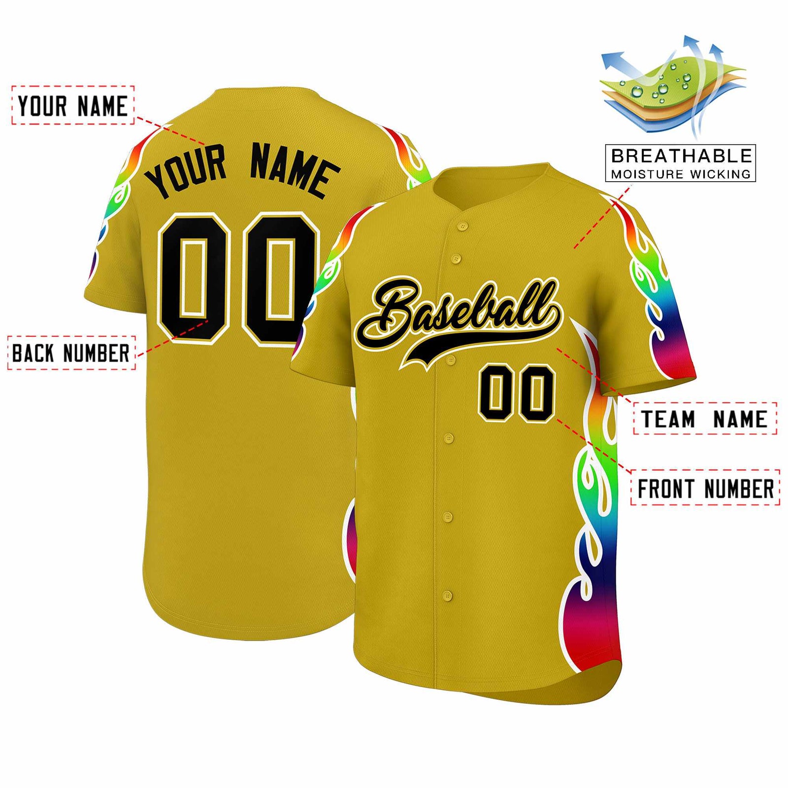 Custom Old Gold Graffiti Pattern Personalized Multicolored Flames Print Authentic Baseball Jersey