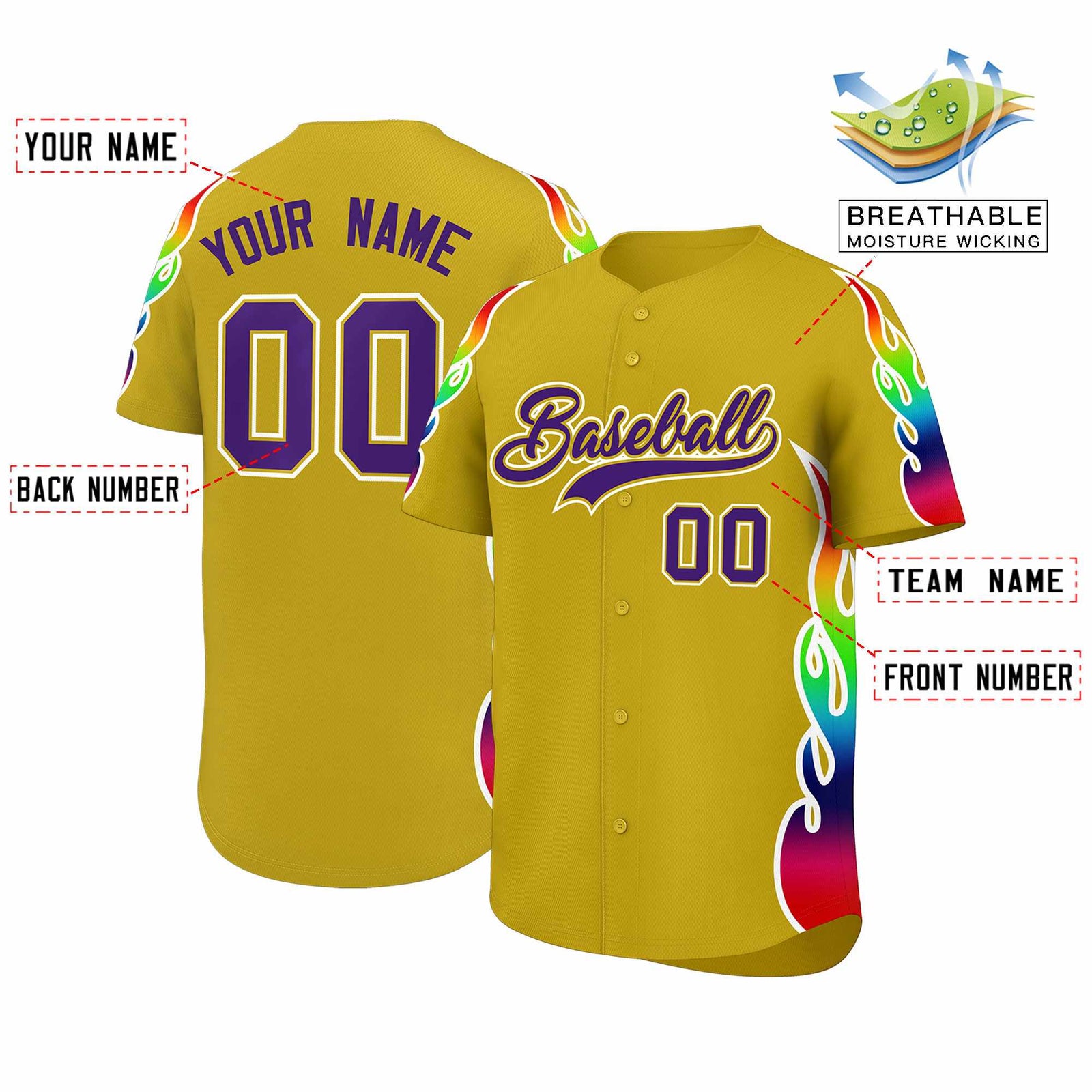 Custom Old Gold Graffiti Pattern Personalized Multicolored Flames Print Authentic Baseball Jersey