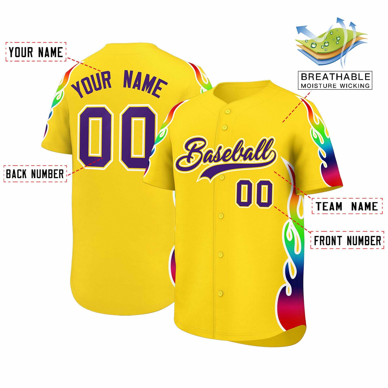 Custom Gold Graffiti Pattern Personalized Multicolored Flames Print Authentic Baseball Jersey