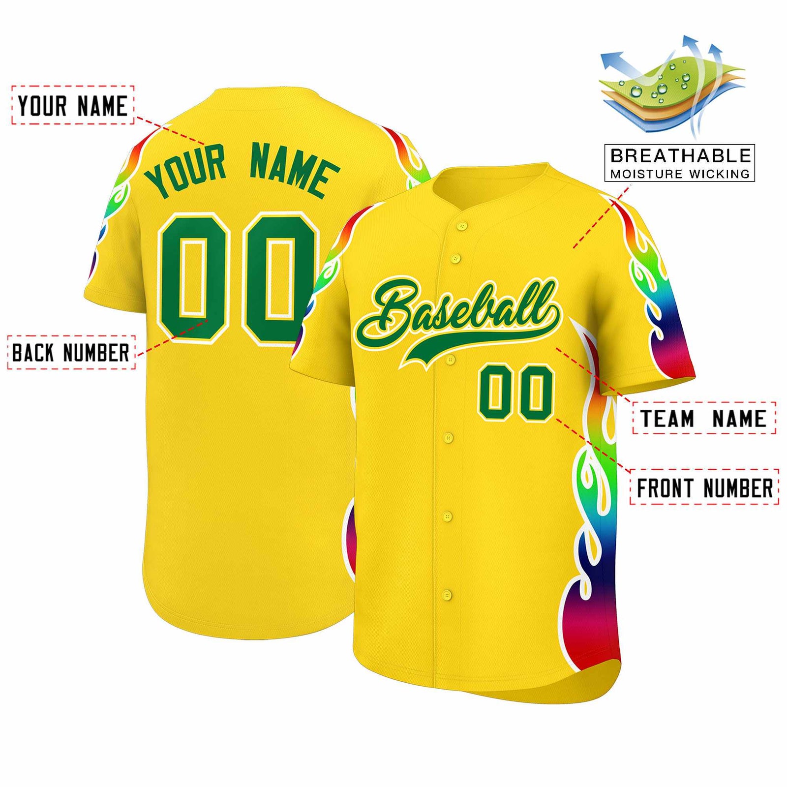 Custom Gold Graffiti Pattern Personalized Multicolored Flames Print Authentic Baseball Jersey