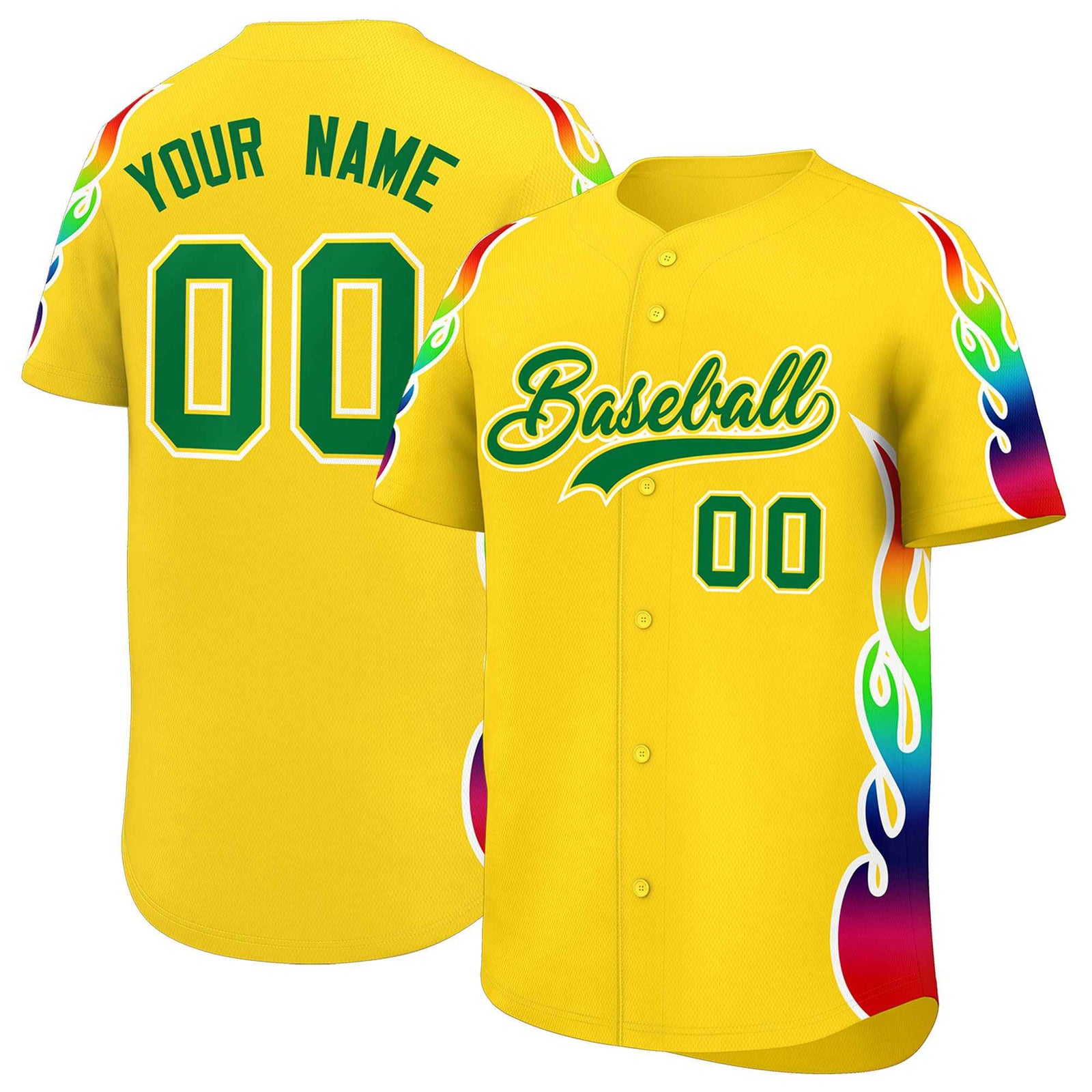 Custom Gold Graffiti Pattern Personalized Multicolored Flames Print Authentic Baseball Jersey