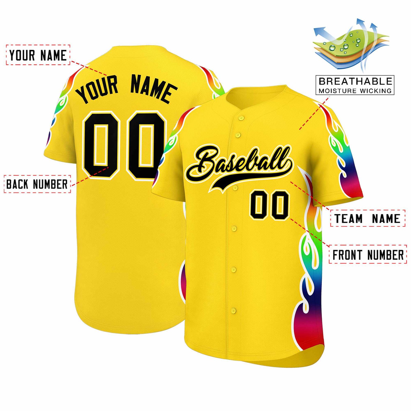 Custom Gold Graffiti Pattern Personalized Multicolored Flames Print Authentic Baseball Jersey