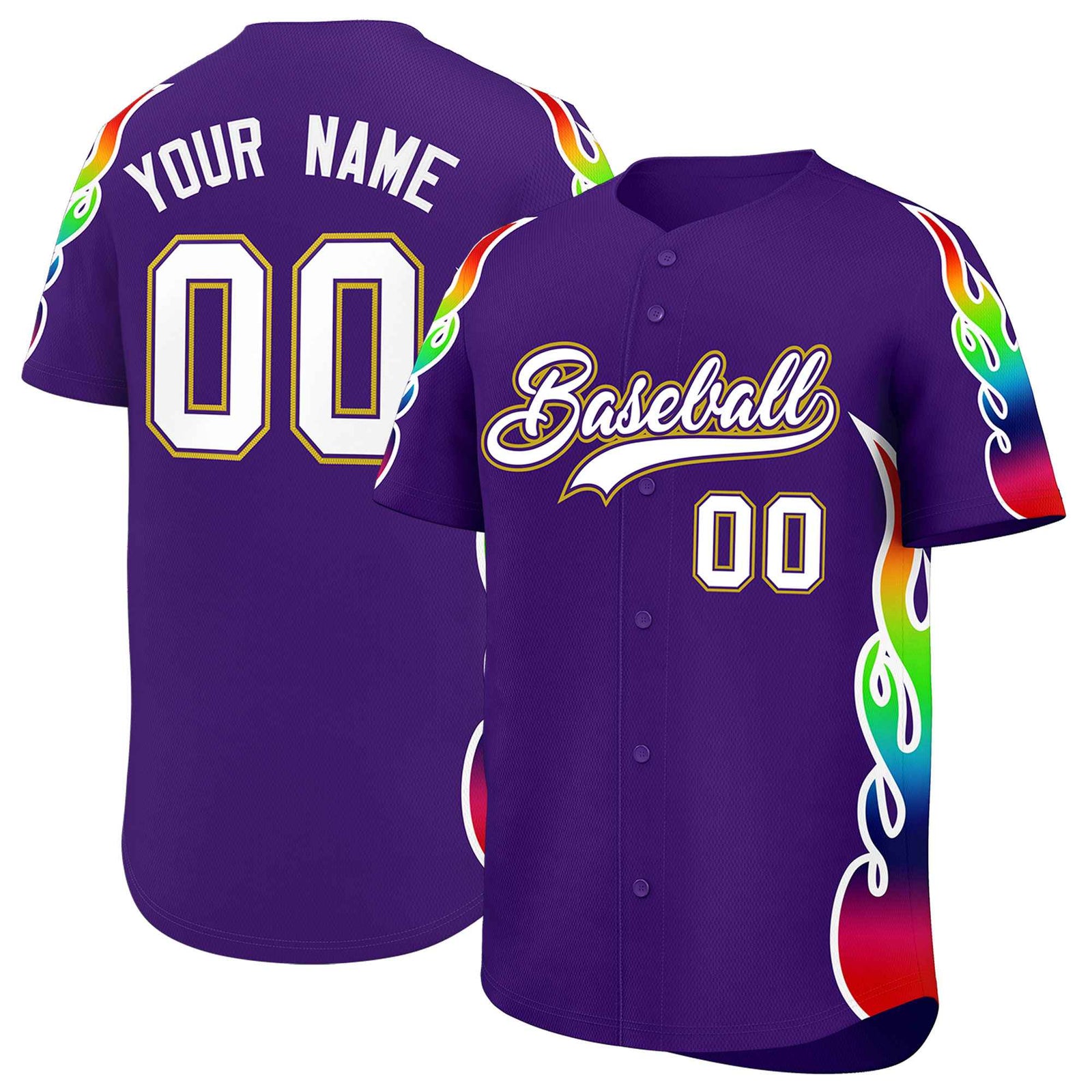 Custom Purple Graffiti Pattern Personalized Multicolored Flames Print Authentic Baseball Jersey