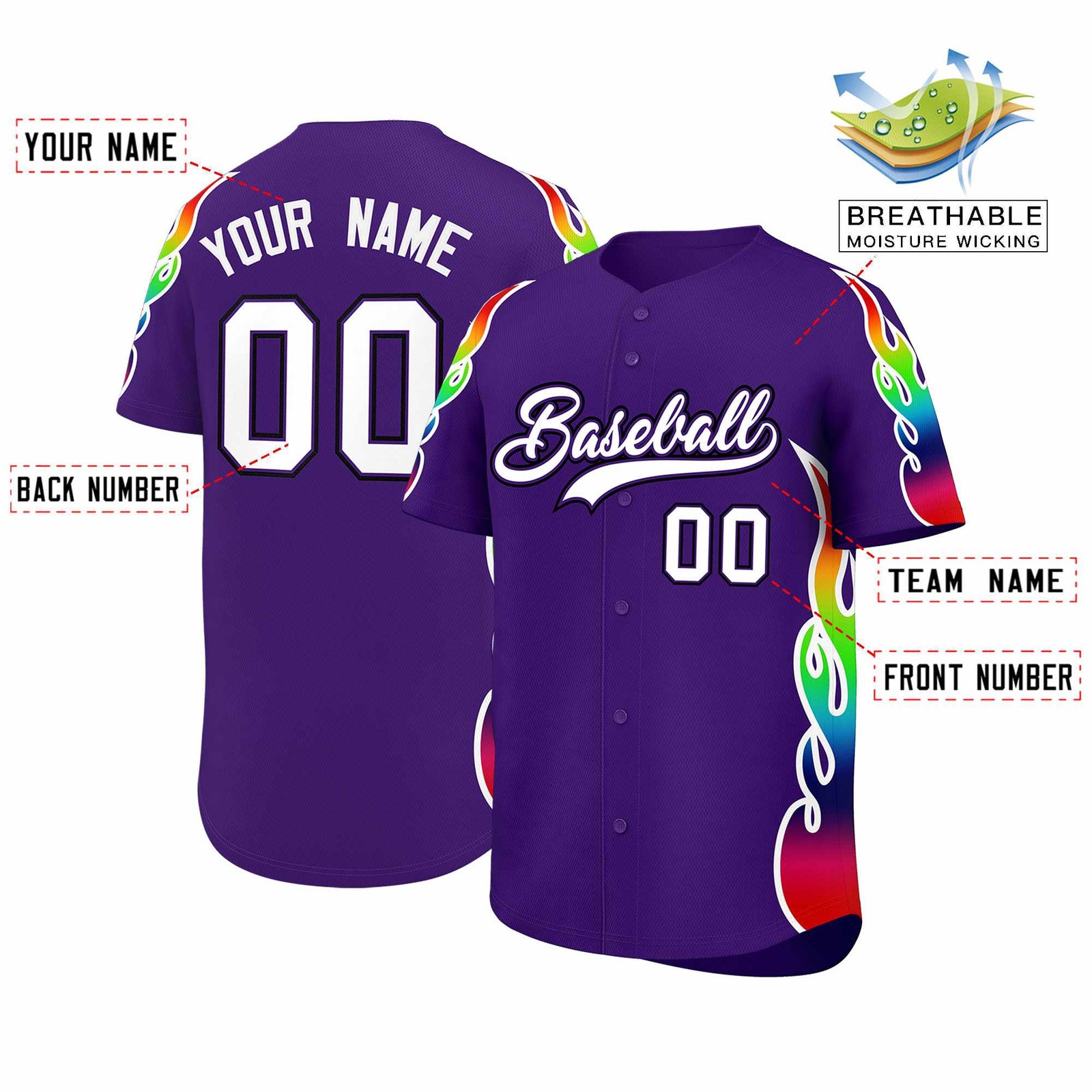 Custom Purple Graffiti Pattern Personalized Multicolored Flames Print Authentic Baseball Jersey