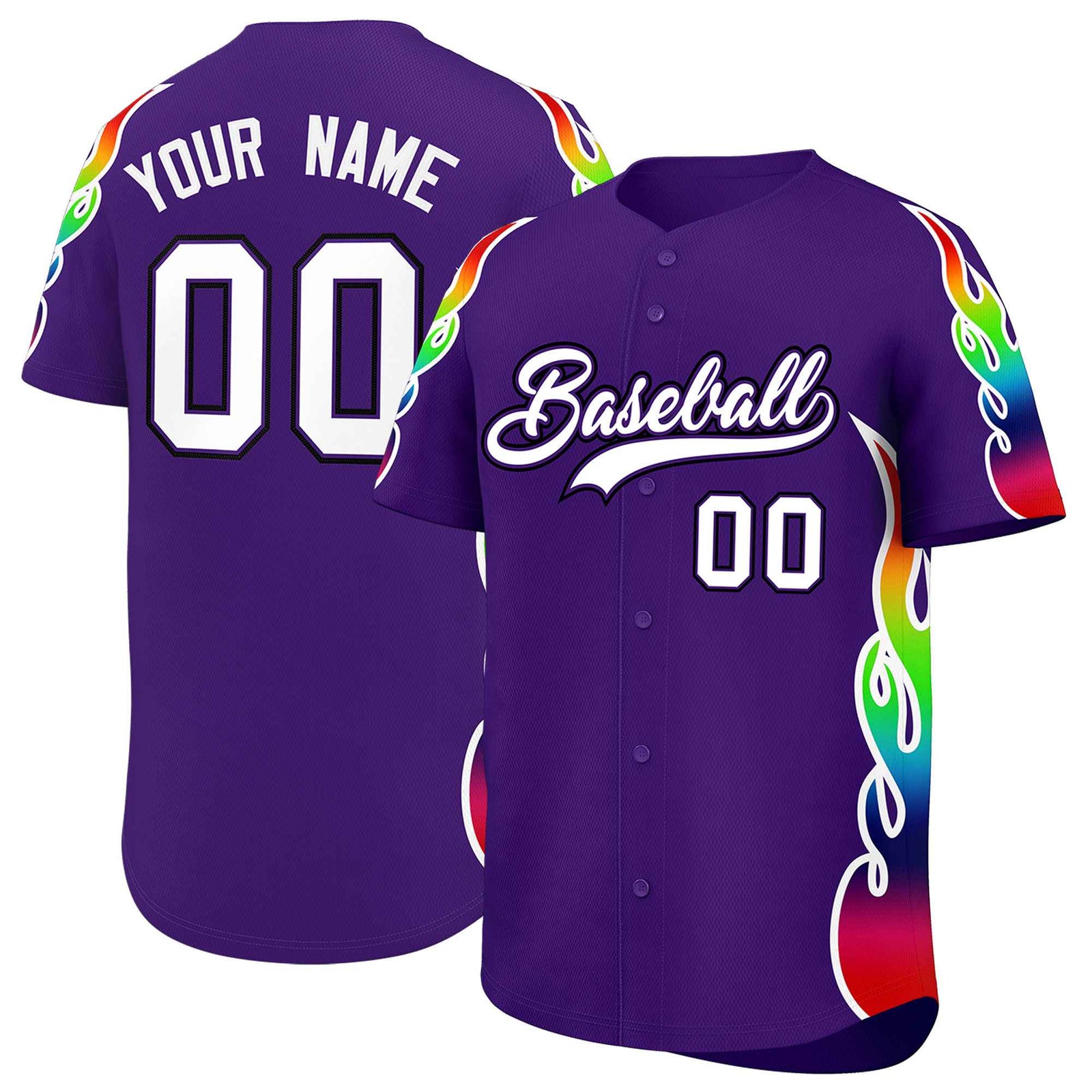 Custom Purple Graffiti Pattern Personalized Multicolored Flames Print Authentic Baseball Jersey