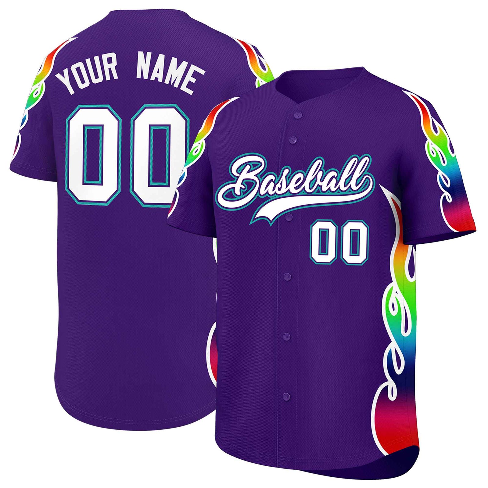 Custom Purple Graffiti Pattern Personalized Multicolored Flames Print Authentic Baseball Jersey