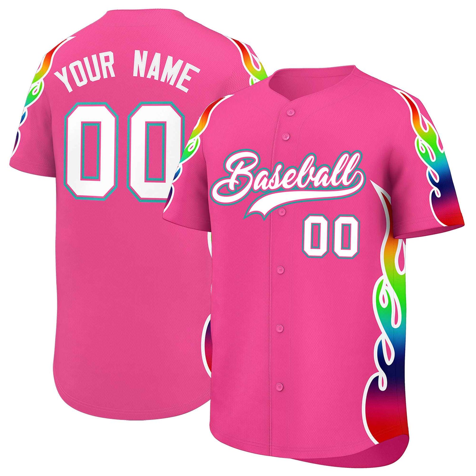 Custom Pink Graffiti Pattern Personalized Multicolored Flames Print Authentic Baseball Jersey