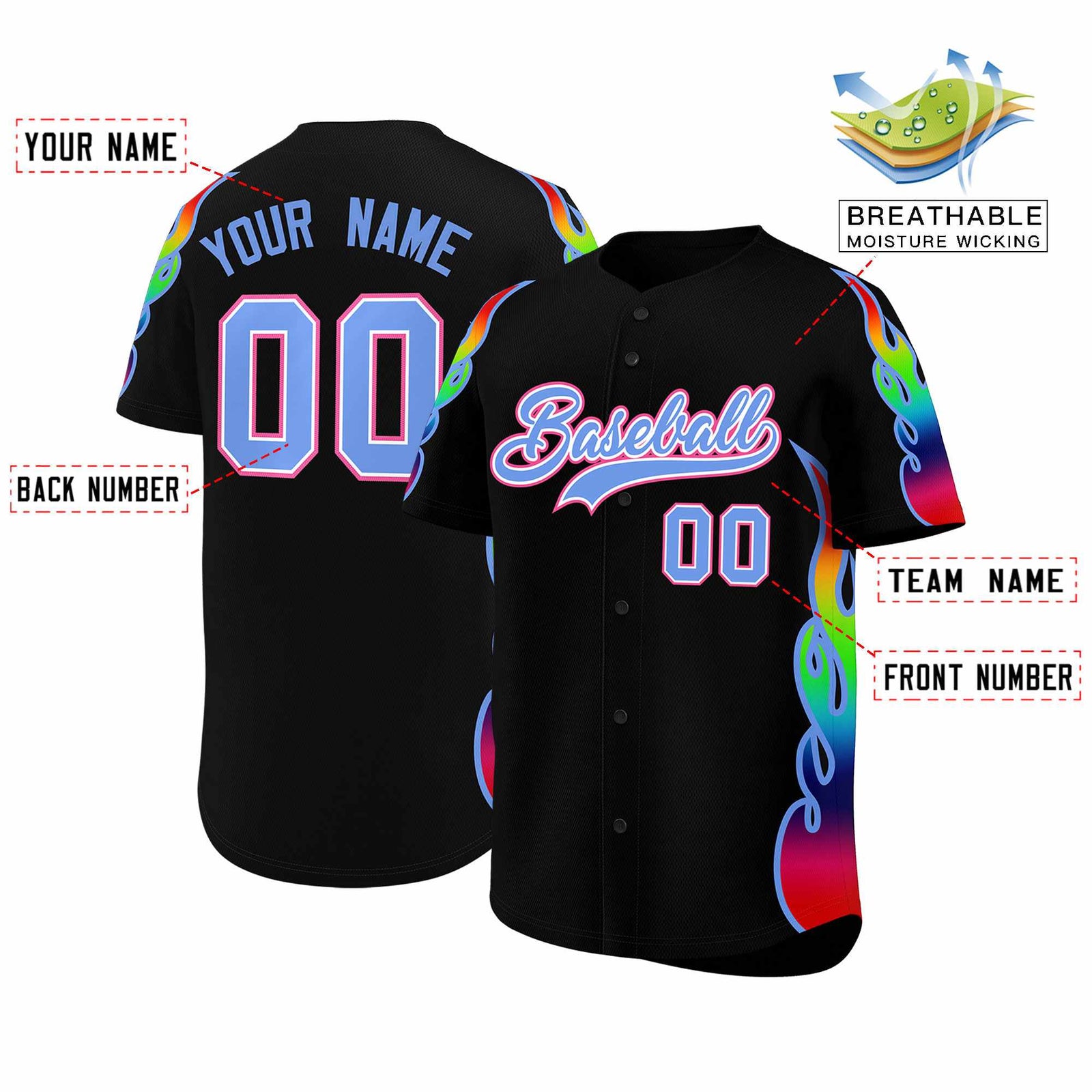 Custom Black Graffiti Pattern Personalized Multicolored Flames Print Authentic Baseball Jersey