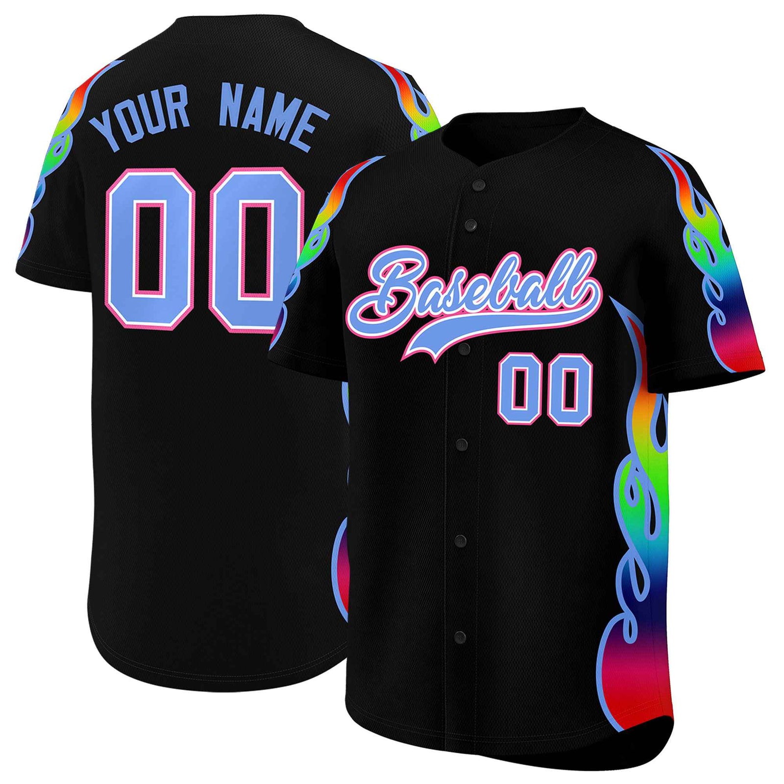 Custom Black Graffiti Pattern Personalized Multicolored Flames Print Authentic Baseball Jersey