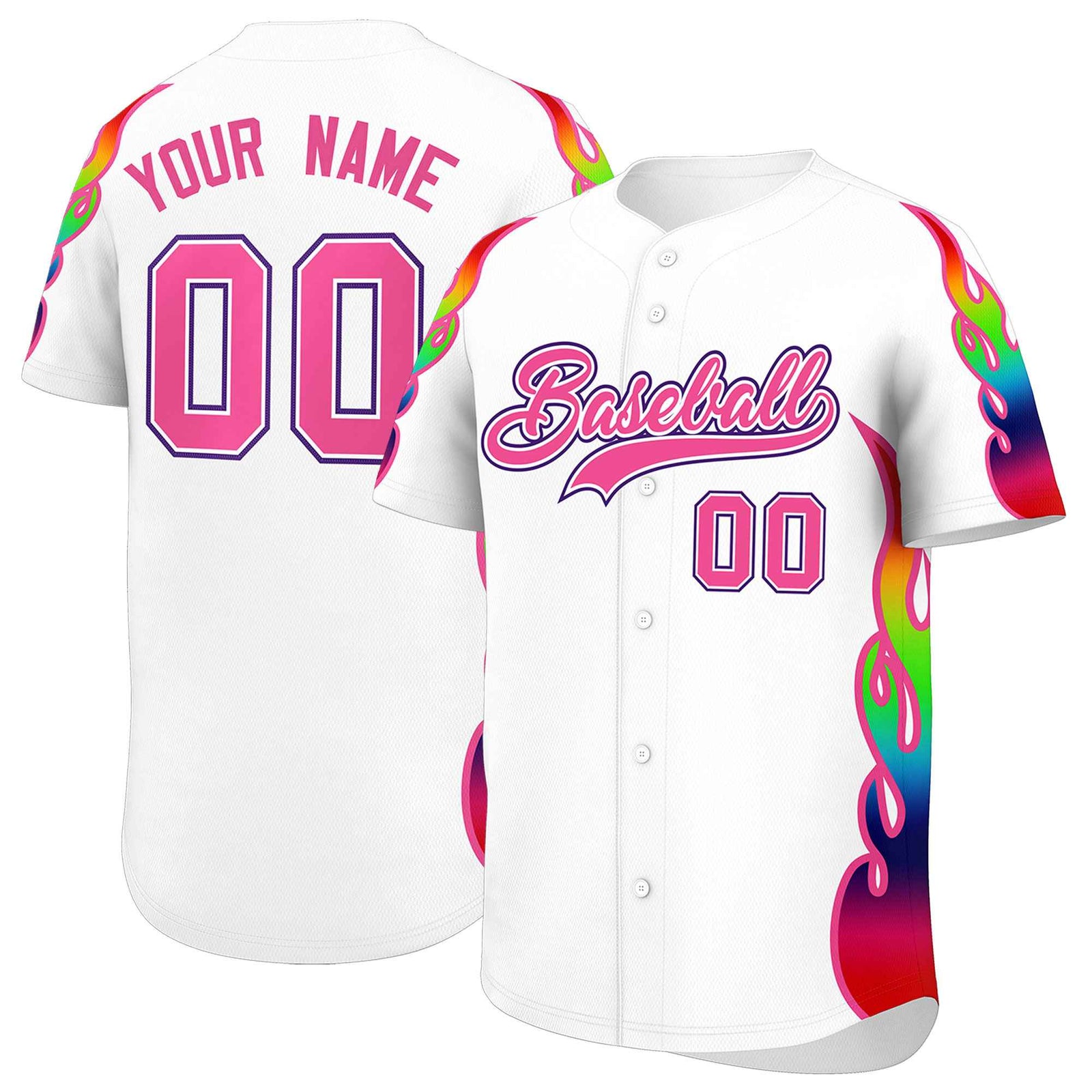 Custom White Graffiti Pattern Personalized Multicolored Flames Print Authentic Baseball Jersey