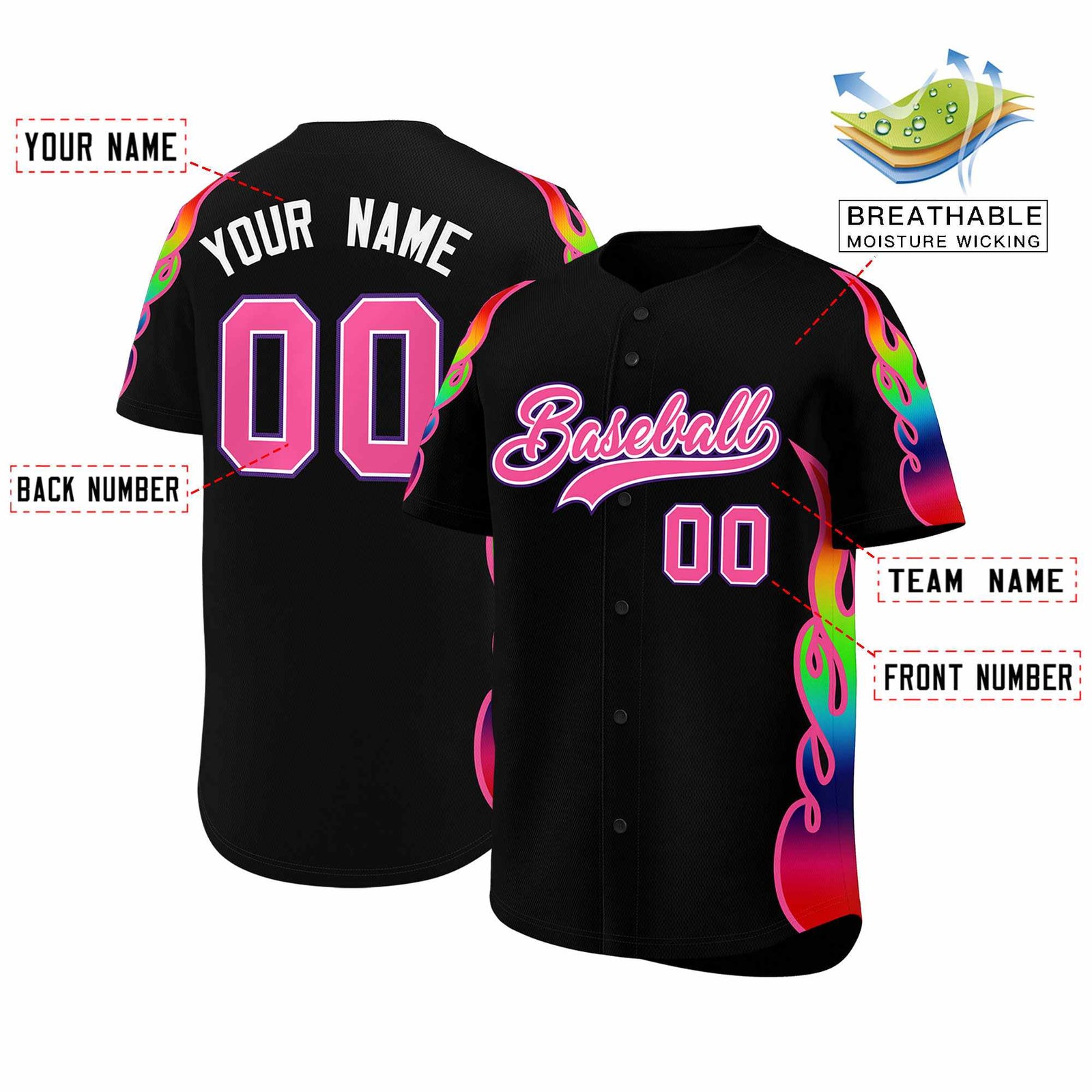 Custom Black Graffiti Pattern Personalized Multicolored Flames Print Authentic Baseball Jersey