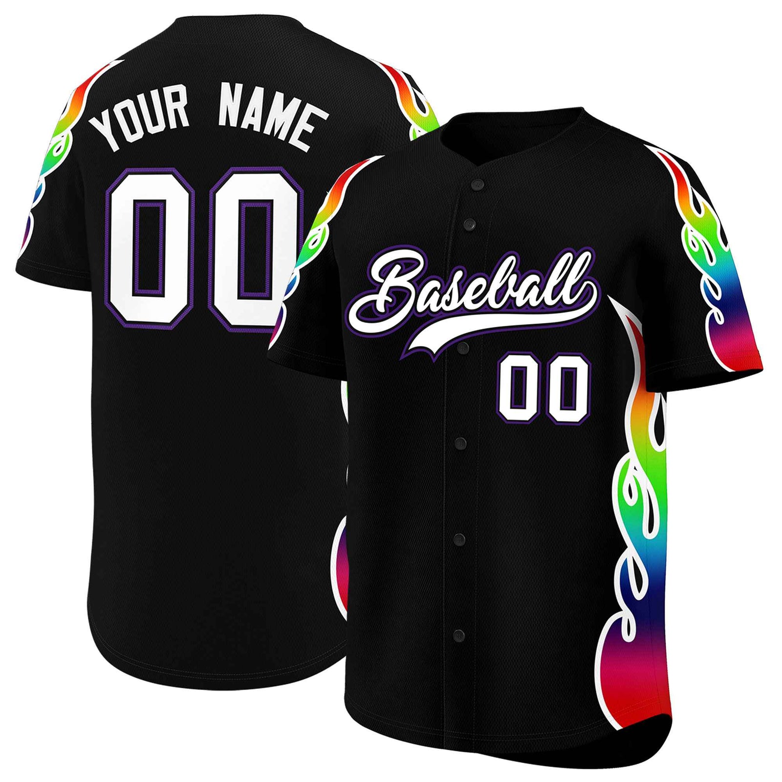 Custom Black Graffiti Pattern Personalized Multicolored Flames Print Authentic Baseball Jersey