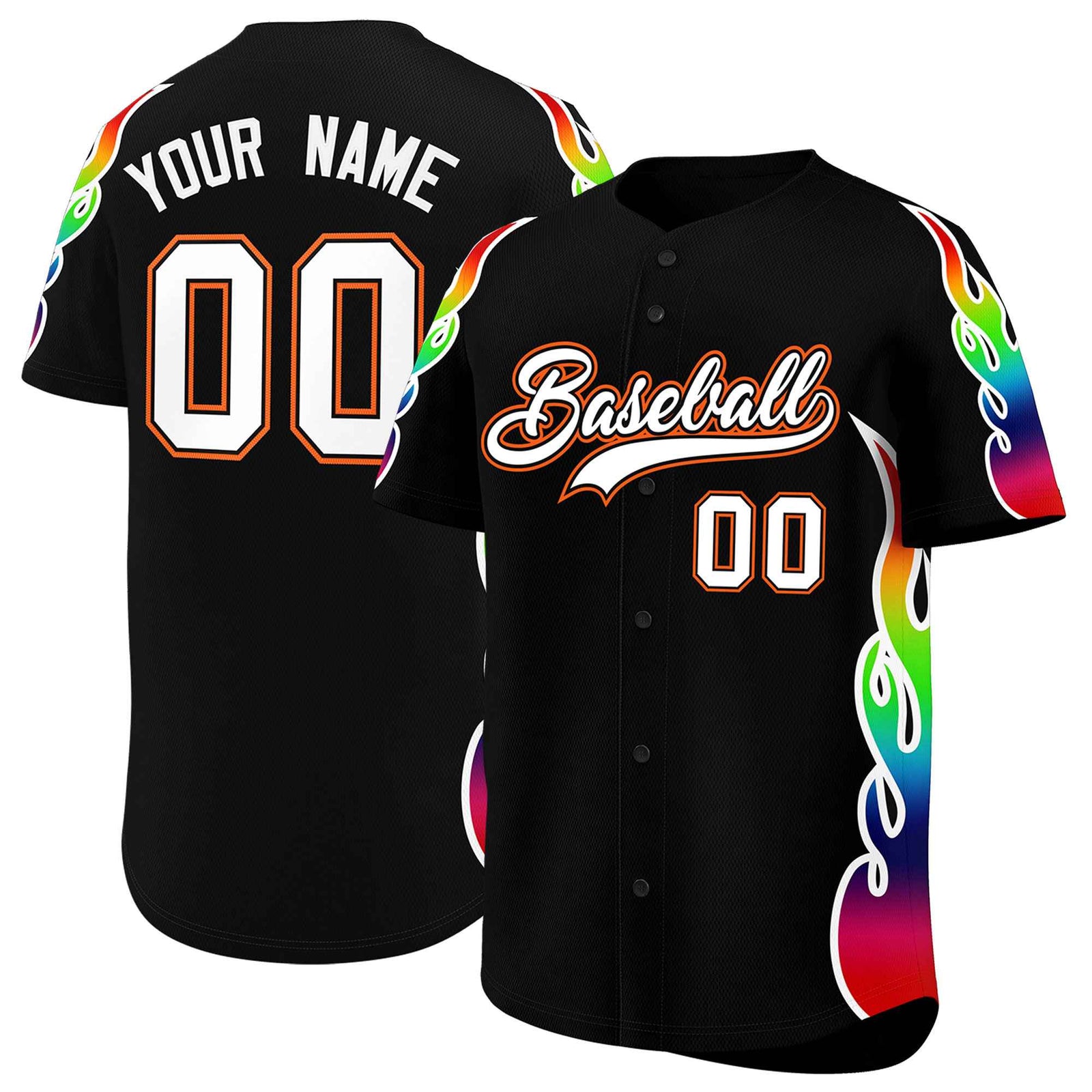 Custom Black Graffiti Pattern Personalized Multicolored Flames Print Authentic Baseball Jersey