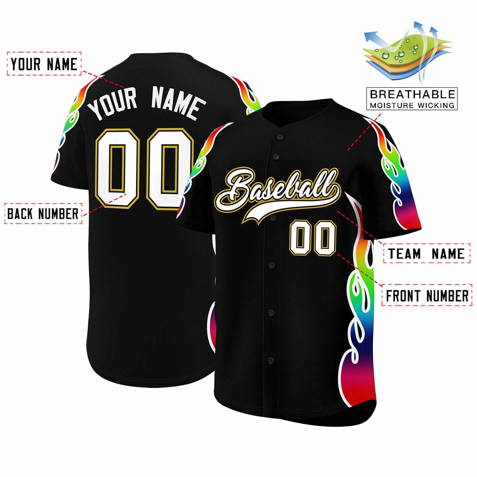 Custom Black Graffiti Pattern Personalized Multicolored Flames Print Authentic Baseball Jersey